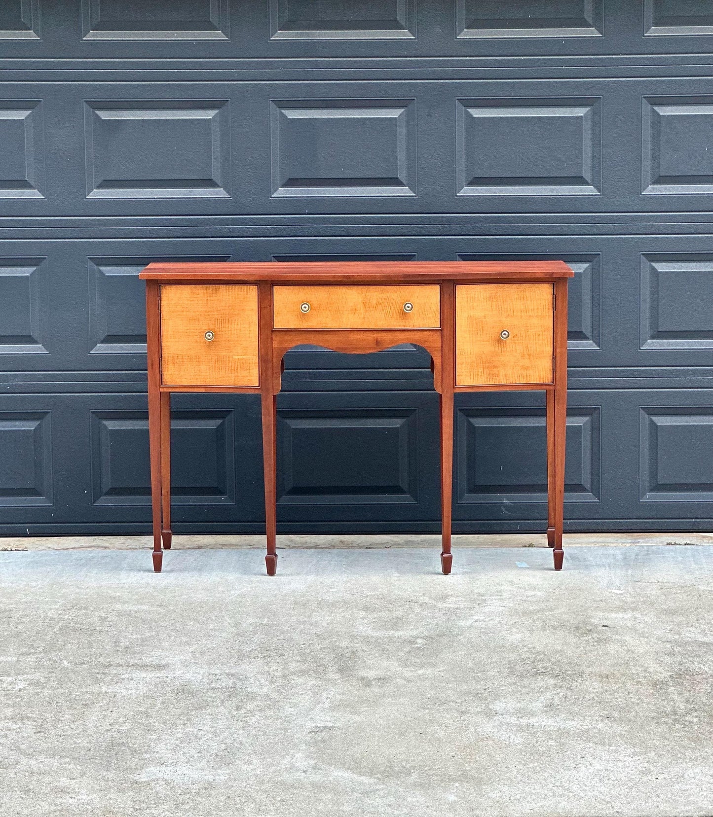 Vintage Late 20th C Solid Wood Two Tone Six Leg Narrow Sheraton Console Table with Cabinet & Drawer Storage