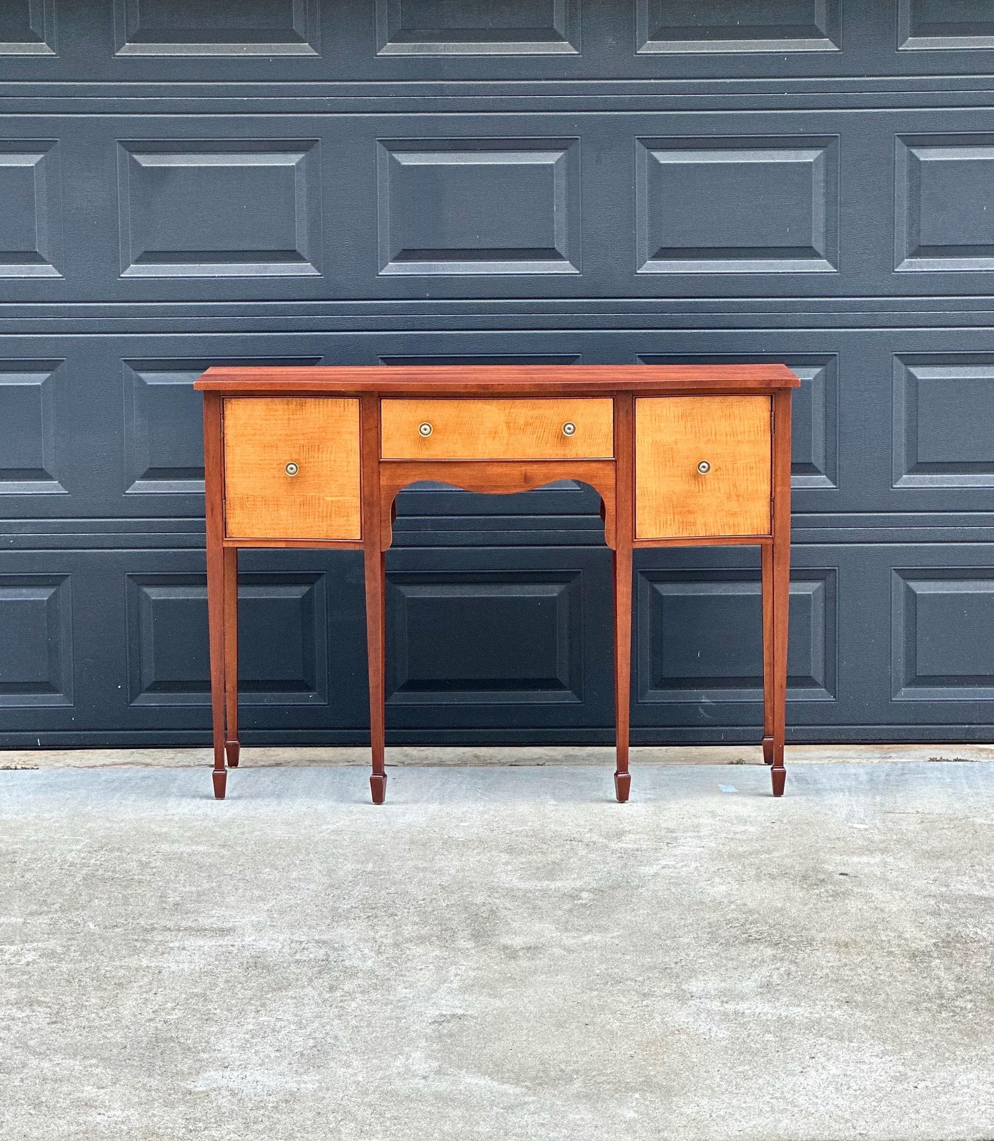 Vintage Late 20th C Solid Wood Two Tone Six Leg Narrow Sheraton Console Table with Cabinet & Drawer Storage