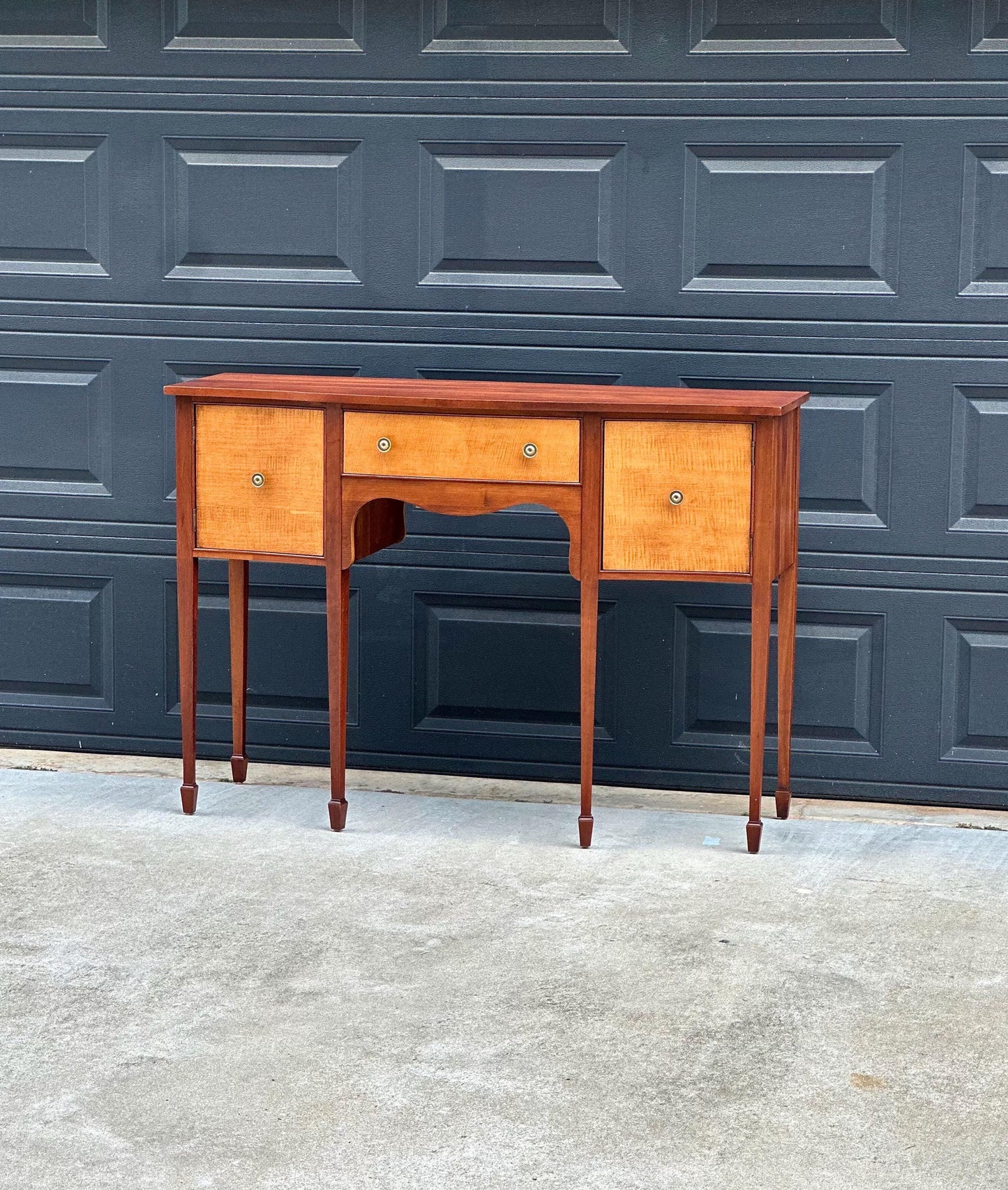 Vintage Late 20th C Solid Wood Two Tone Six Leg Narrow Sheraton Console Table with Cabinet & Drawer Storage