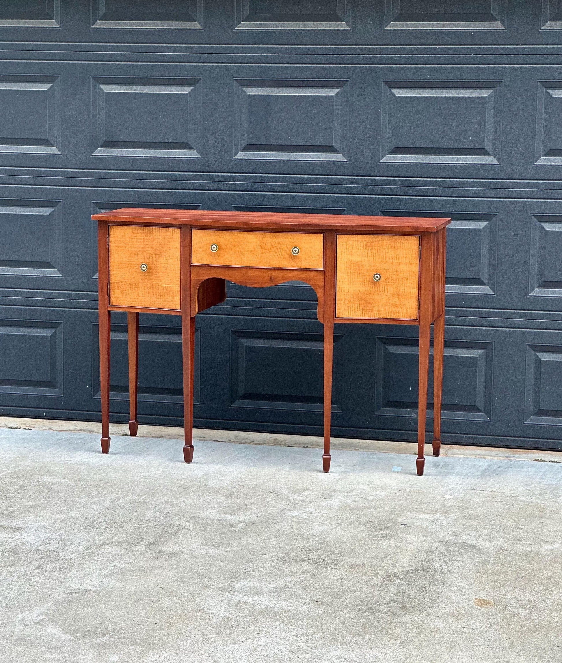 Vintage Late 20th C Solid Wood Two Tone Six Leg Narrow Sheraton Console Table with Cabinet & Drawer Storage