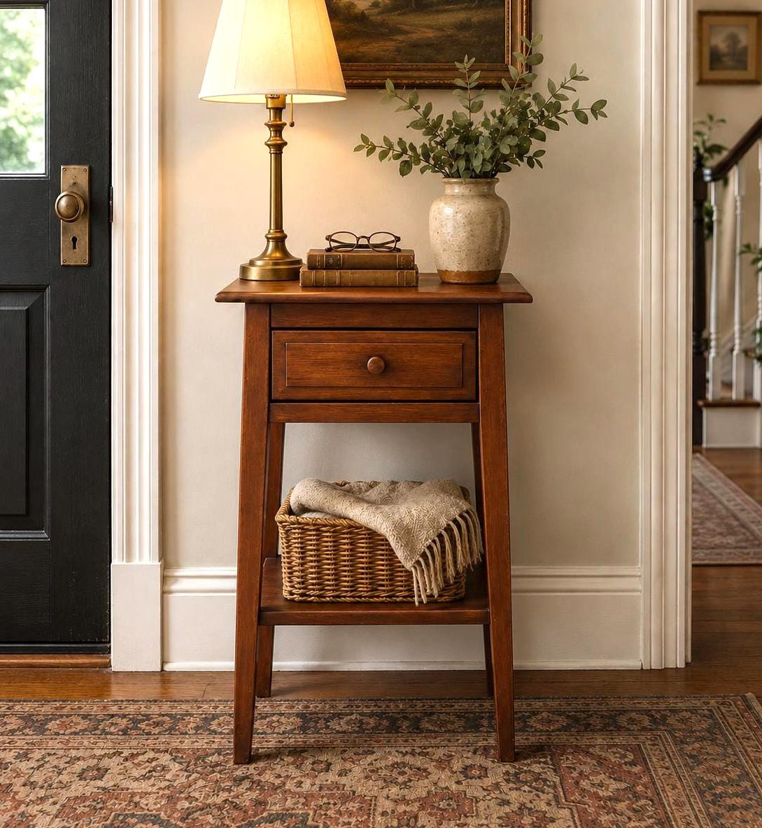 Vintage Mid 1900s Solid Cherry Wood Single Drawer Shaker Side Table with Open Shelf 15" Wide
