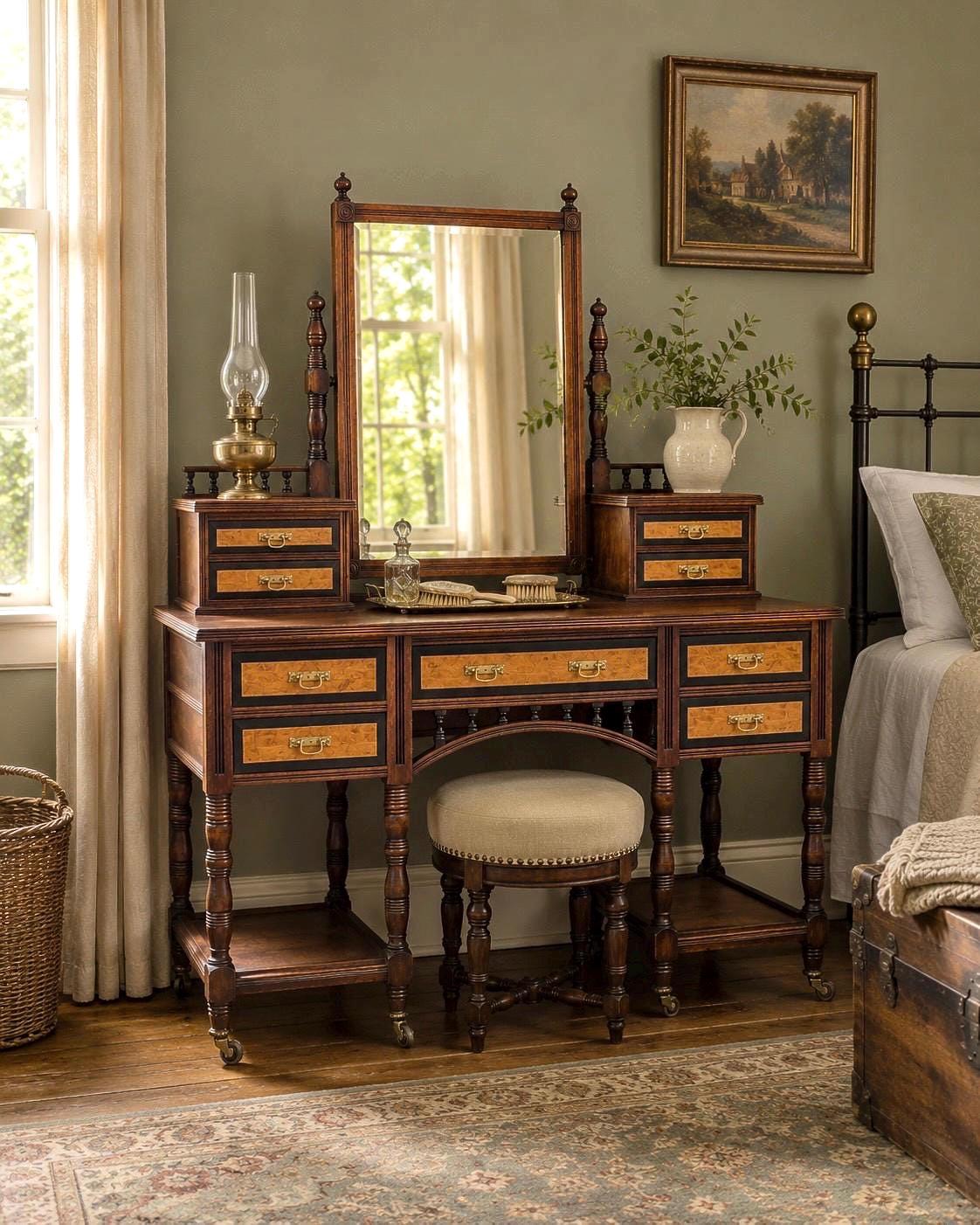 Antique Late 19th Century English Craftsman Nine Drawer Swing Mirror Walnut Accent Table on Casters by J.B. Richards, London