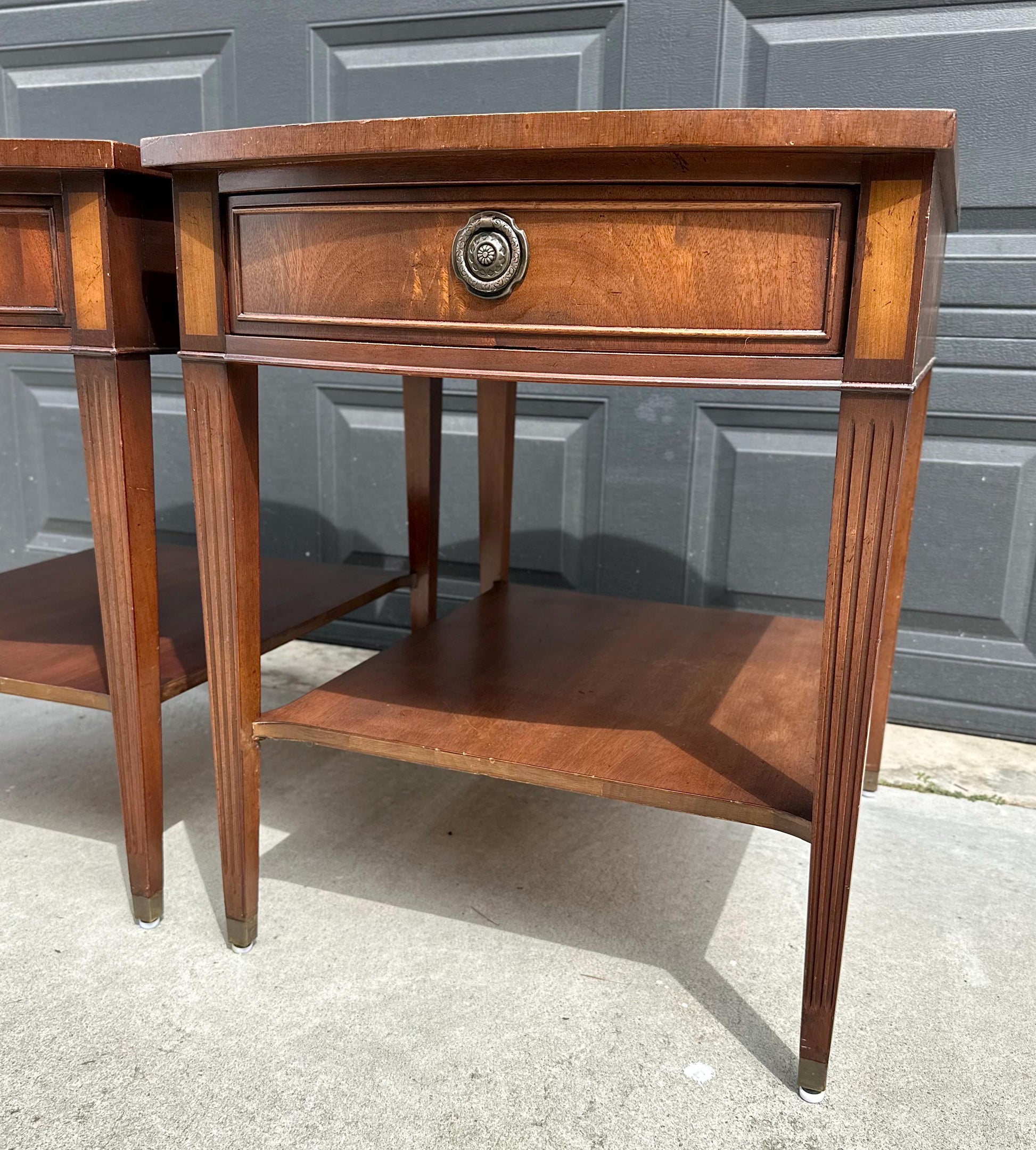Vintage Mid 20th C Mahogany Wood Hepplewhite Bowfront Single Drawer Open Shelf End Tables - a Pair