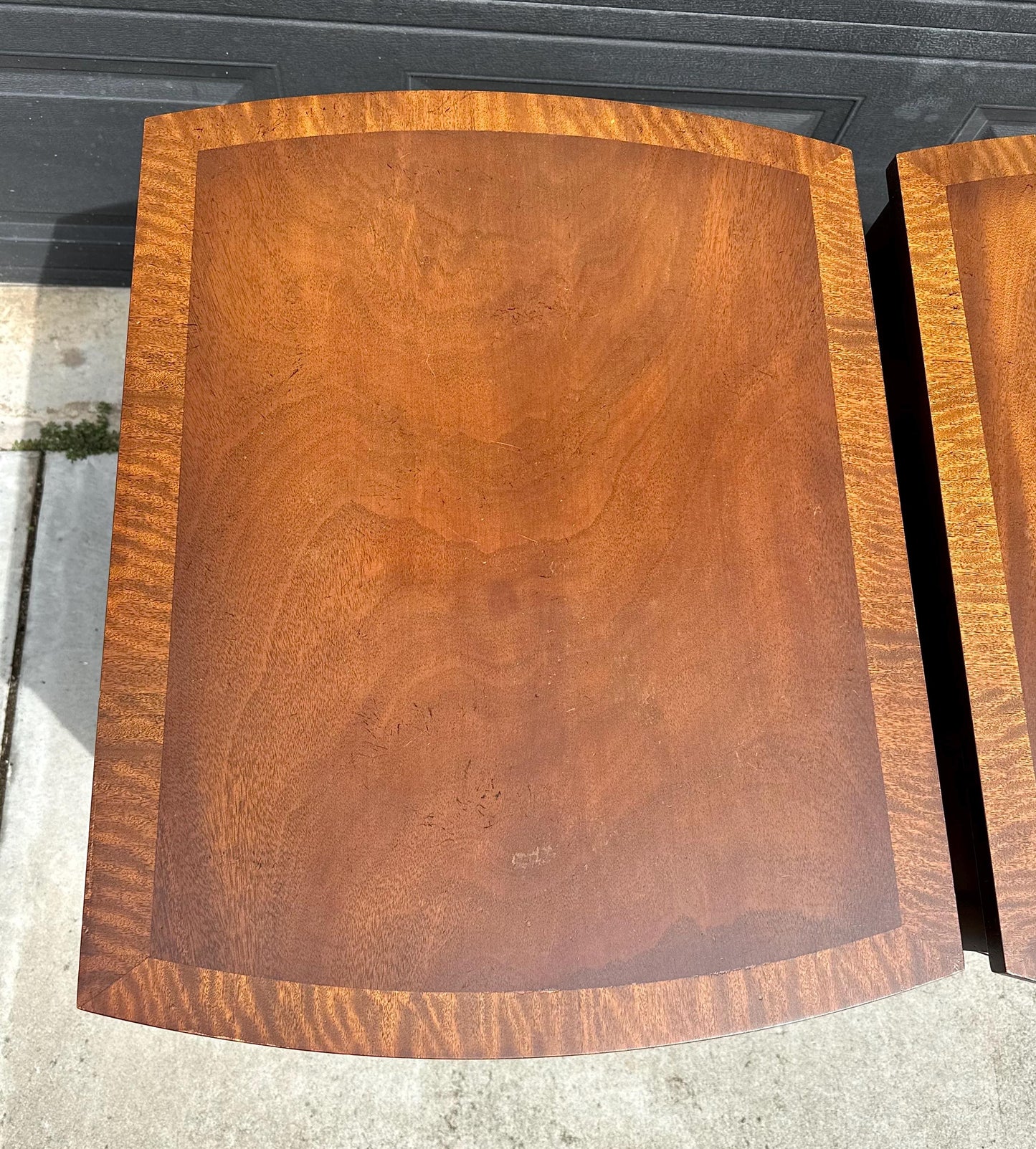 Vintage Mid 20th C Mahogany Wood Hepplewhite Bowfront Single Drawer Open Shelf End Tables - a Pair