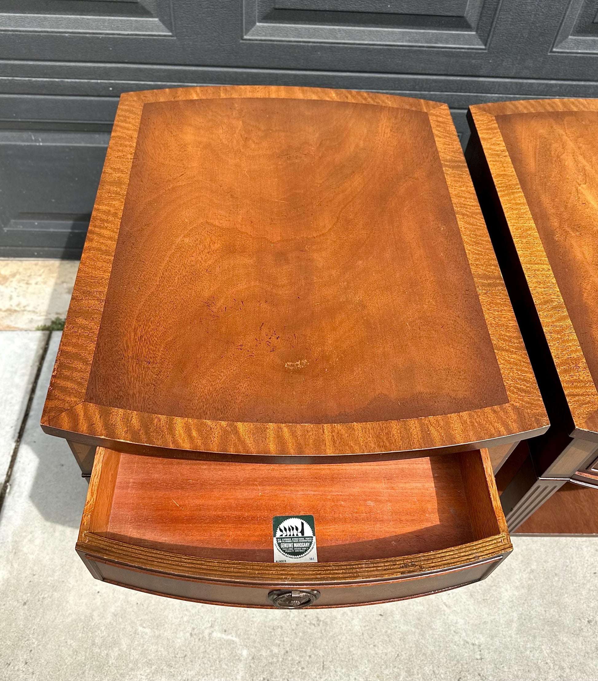 Vintage Mid 20th C Mahogany Wood Hepplewhite Bowfront Single Drawer Open Shelf End Tables - a Pair