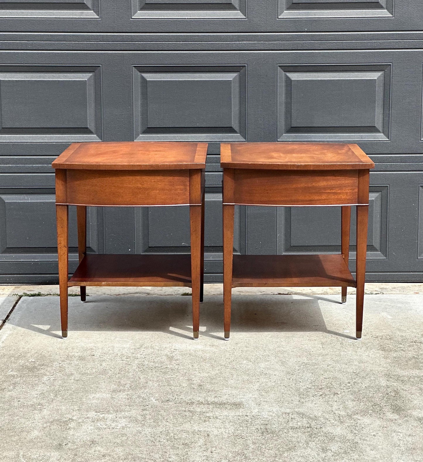 Vintage Mid 20th C Mahogany Wood Hepplewhite Bowfront Single Drawer Open Shelf End Tables - a Pair