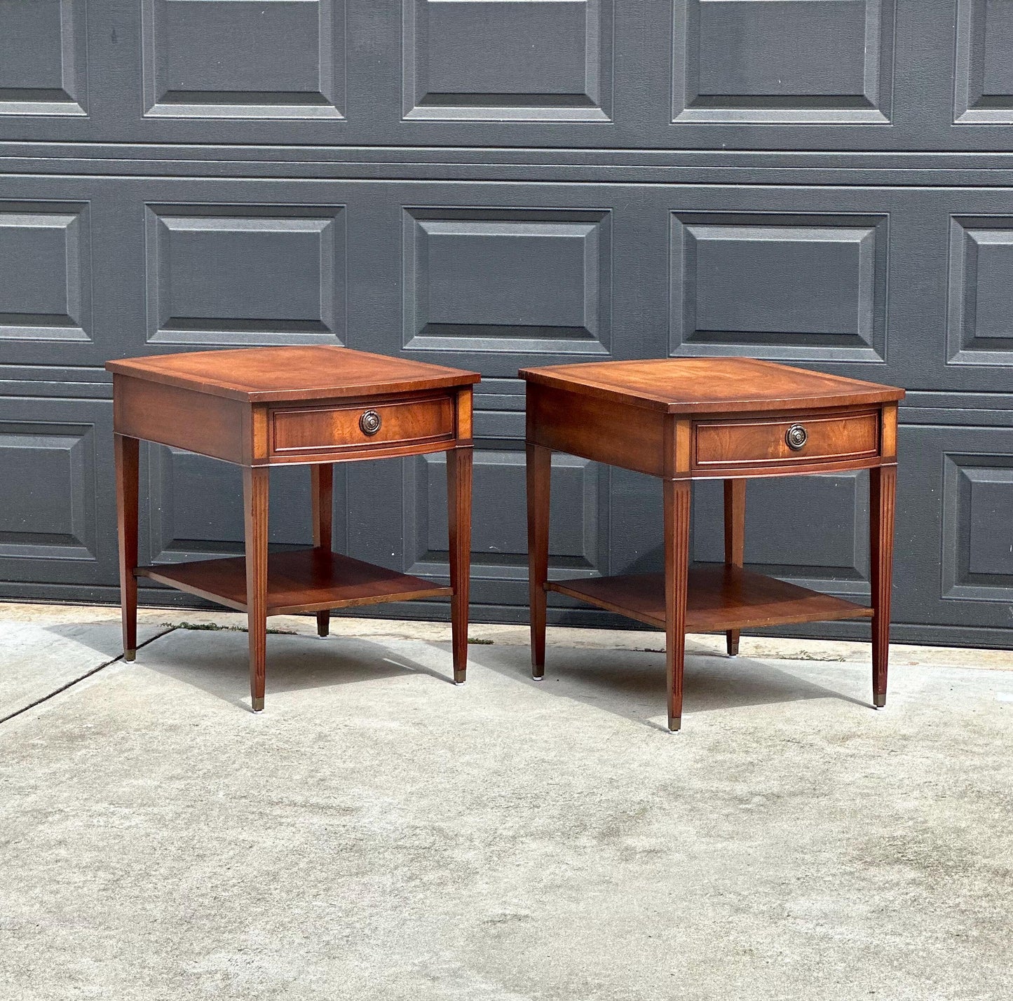 Vintage Mid 20th C Mahogany Wood Hepplewhite Bowfront Single Drawer Open Shelf End Tables - a Pair