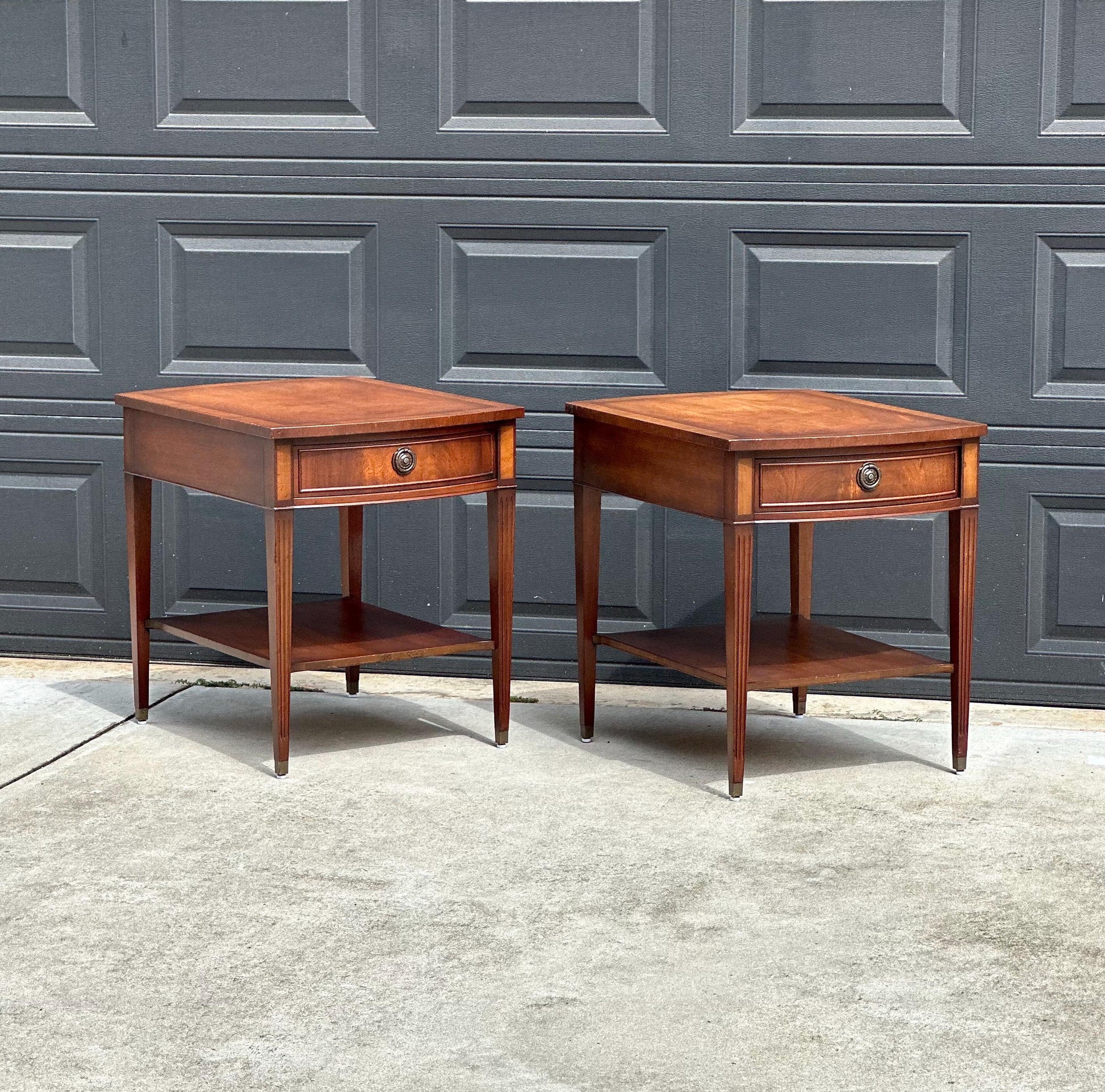 Vintage Mid 20th C Mahogany Wood Hepplewhite Bowfront Single Drawer Open Shelf End Tables - a Pair