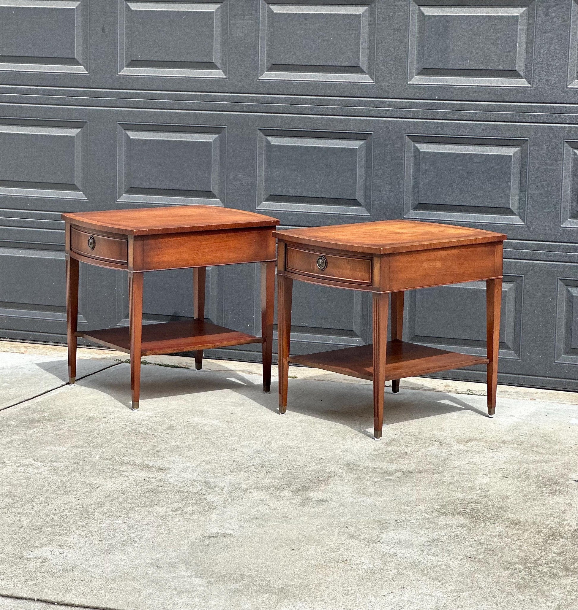 Vintage Mid 20th C Mahogany Wood Hepplewhite Bowfront Single Drawer Open Shelf End Tables - a Pair