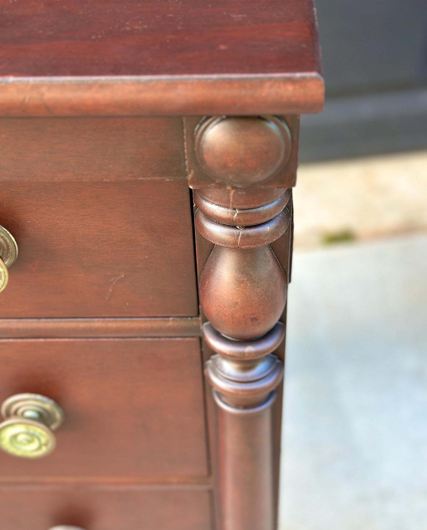 Antique Early 20th C Three Drawer Carved Solid Mahogany Wood Storage End Tables - a Pair