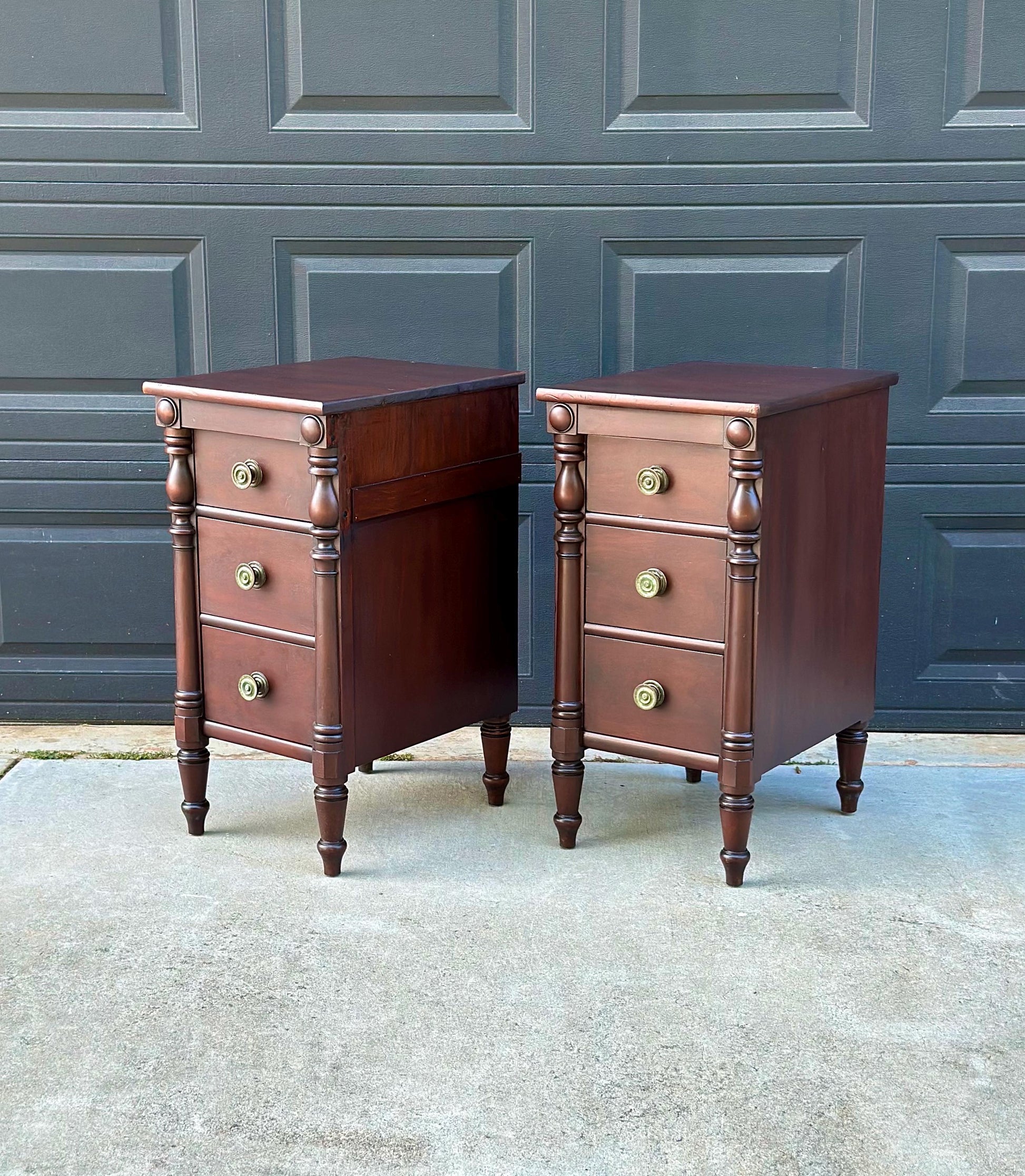 Antique Early 20th C Three Drawer Carved Solid Mahogany Wood Storage End Tables - a Pair