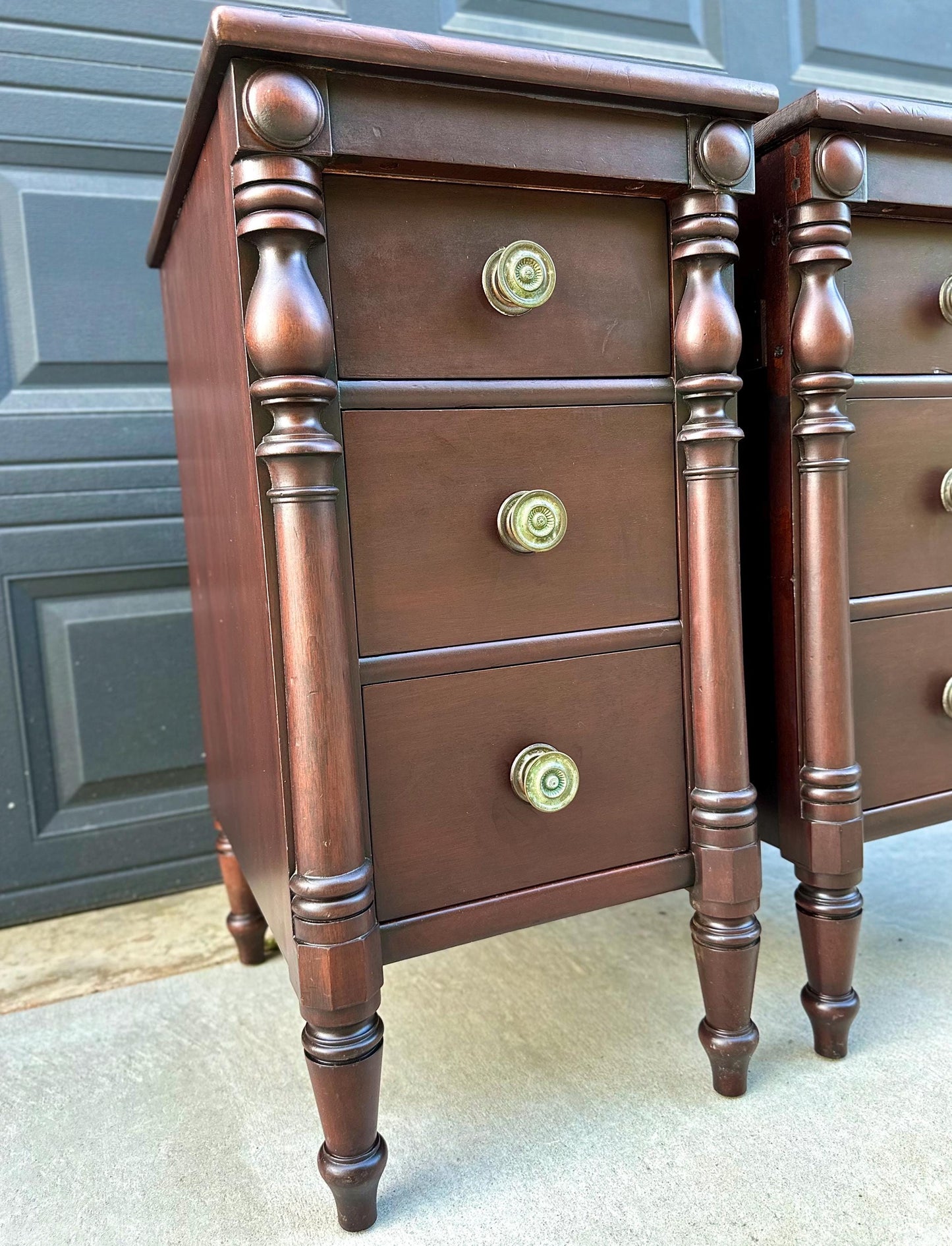 Antique Early 20th C Three Drawer Carved Solid Mahogany Wood Storage End Tables - a Pair