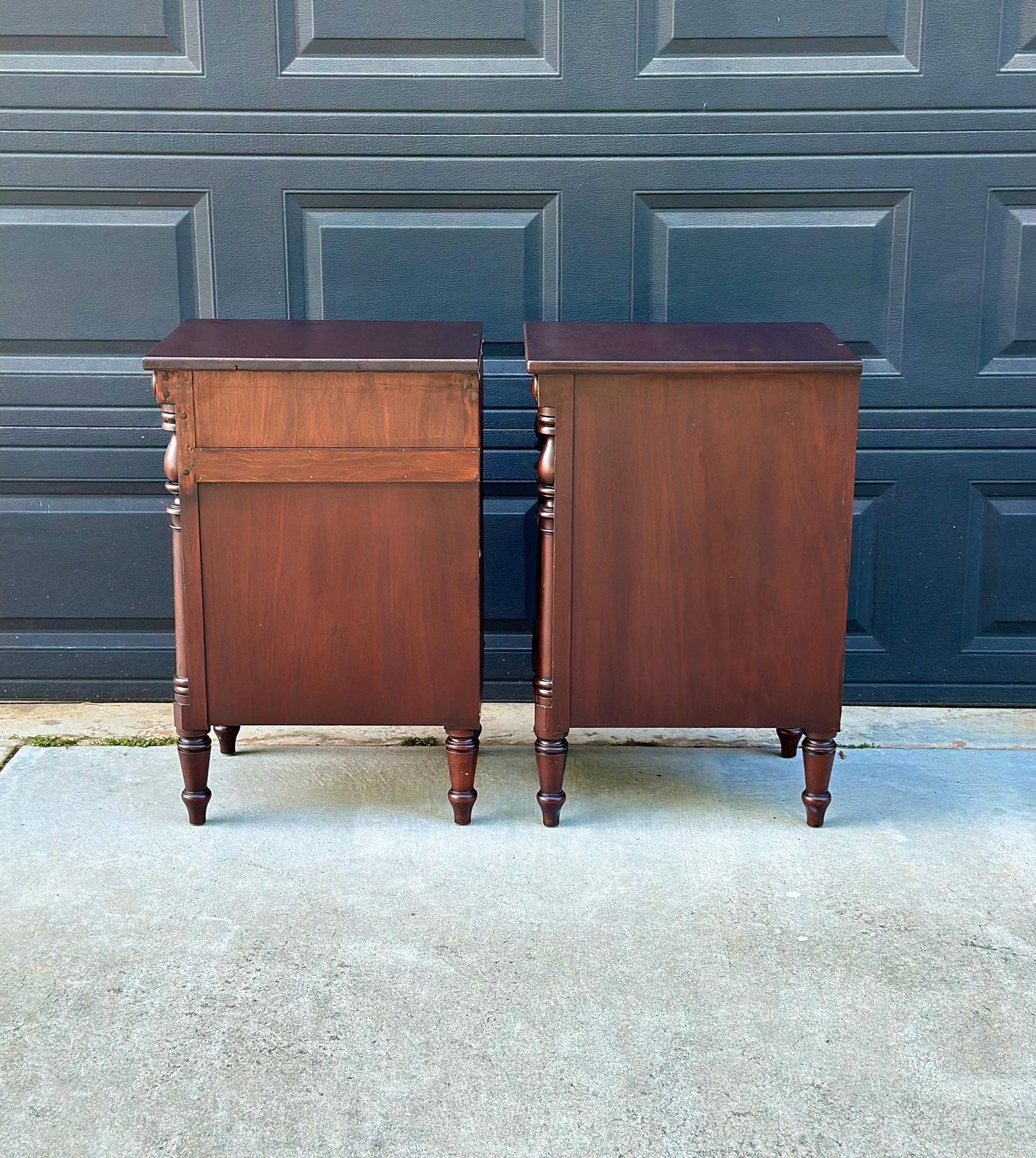 Antique Early 20th C Three Drawer Carved Solid Mahogany Wood Storage End Tables - a Pair