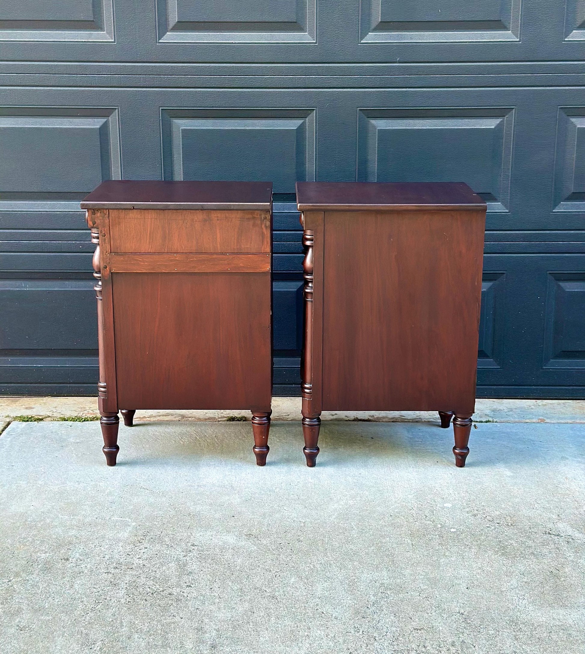 Antique Early 20th C Three Drawer Carved Solid Mahogany Wood Storage End Tables - a Pair