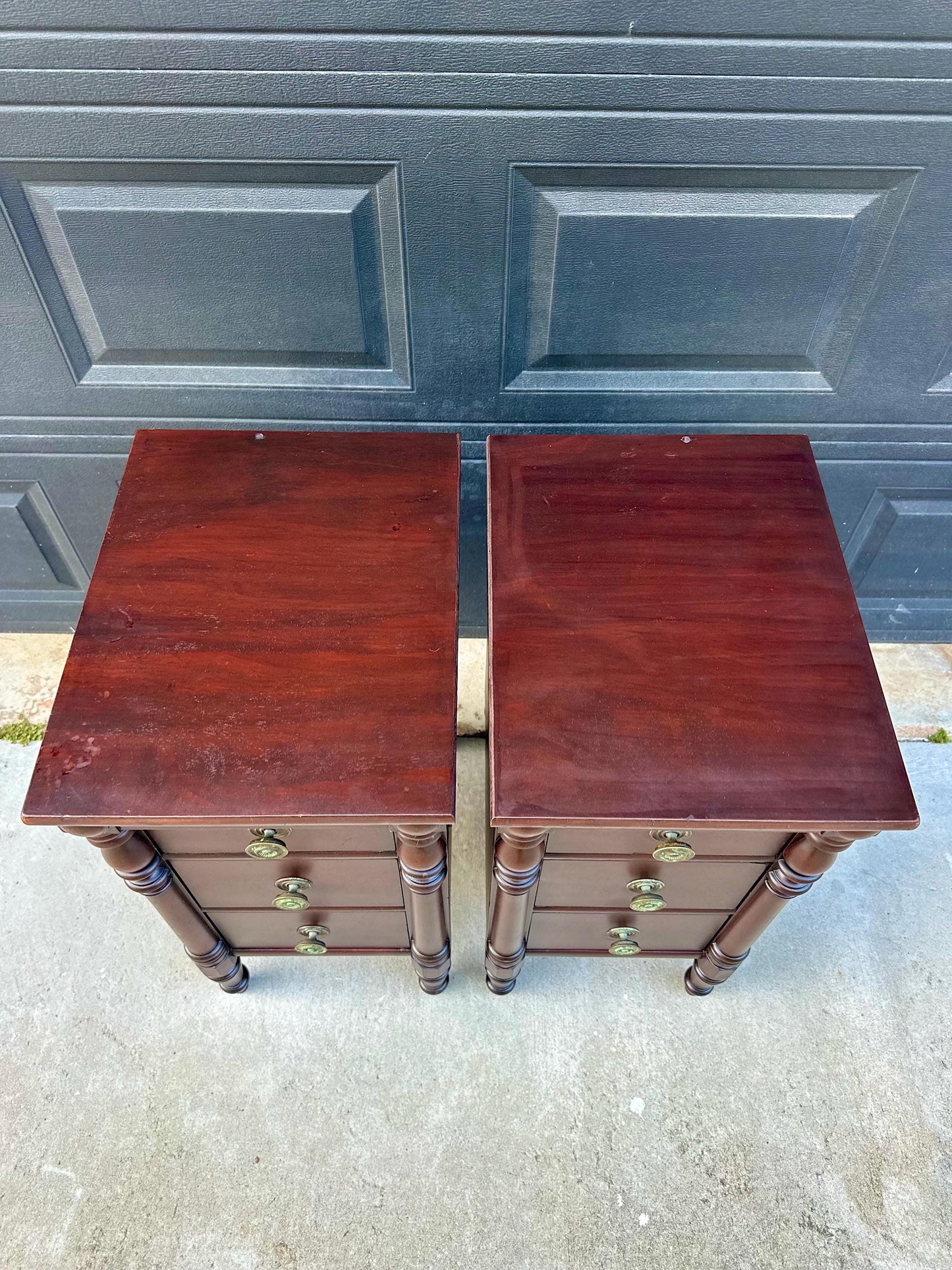 Antique Early 20th C Three Drawer Carved Solid Mahogany Wood Storage End Tables - a Pair