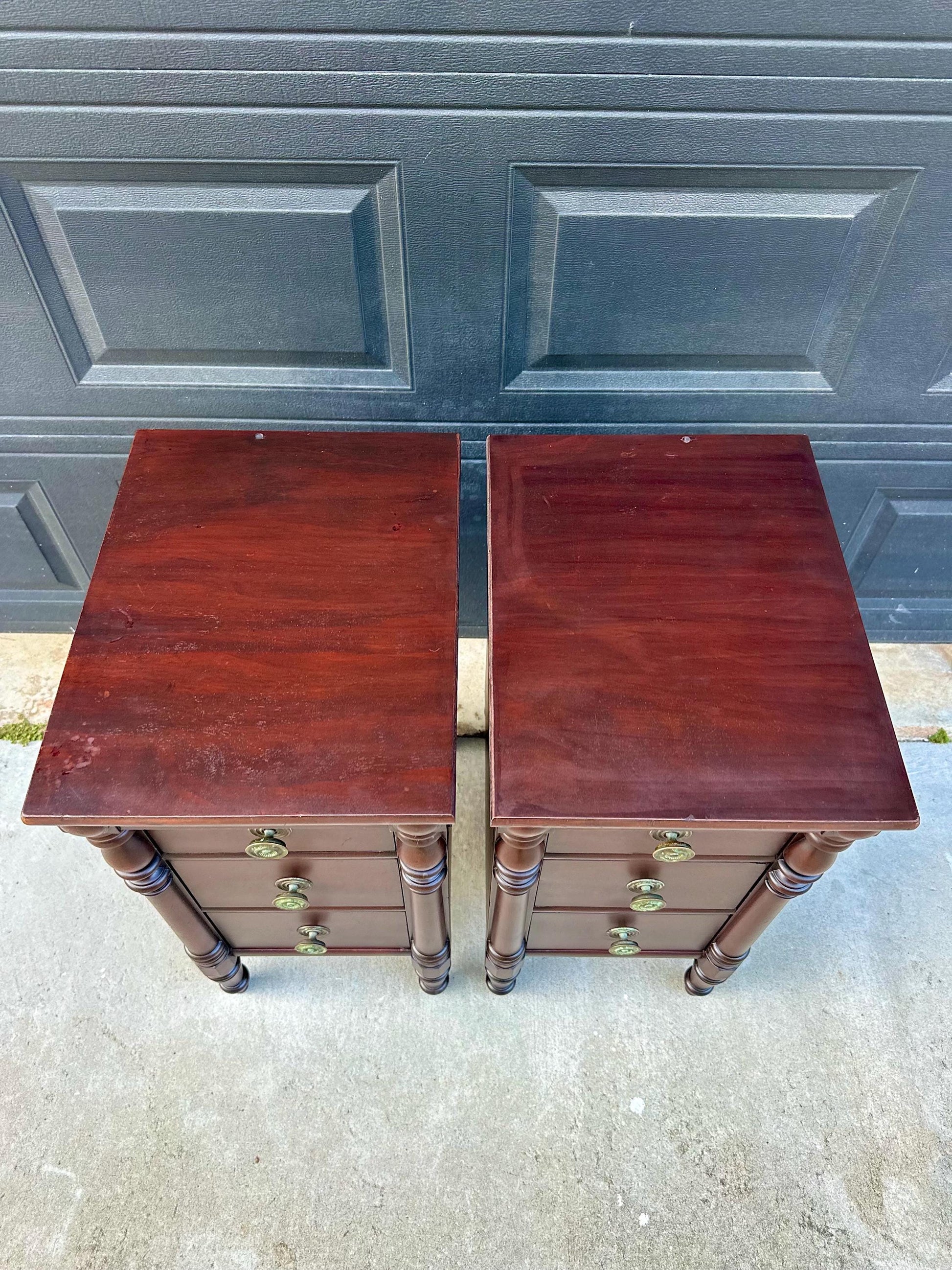 Antique Early 20th C Three Drawer Carved Solid Mahogany Wood Storage End Tables - a Pair