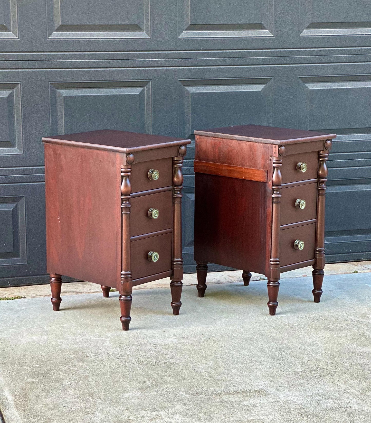 Antique Early 20th C Three Drawer Carved Solid Mahogany Wood Storage End Tables - a Pair