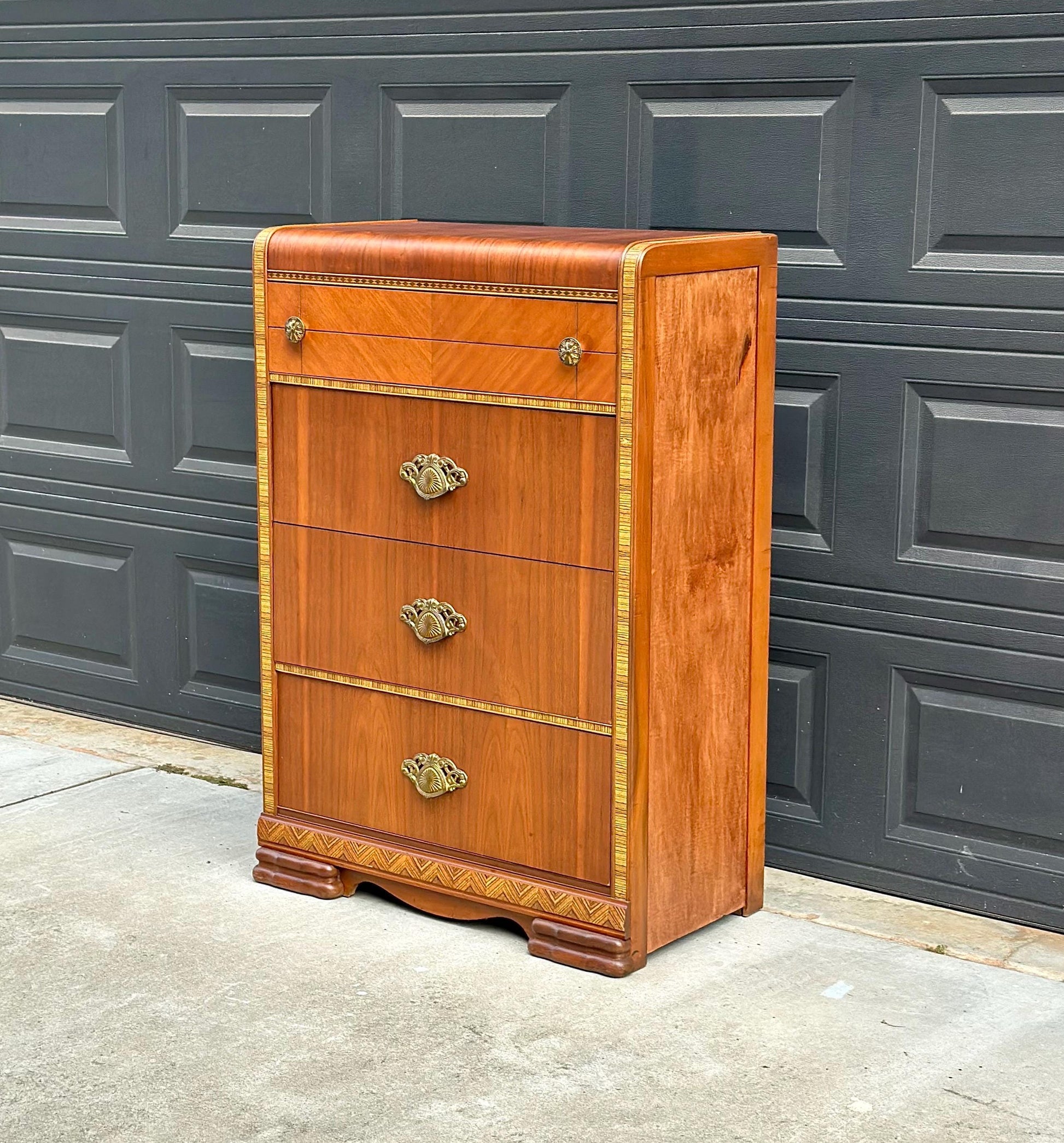 Vintage Late 1940s Art Deco Walnut & Maple Waterfall Accent Chest of Drawers 34" Wide