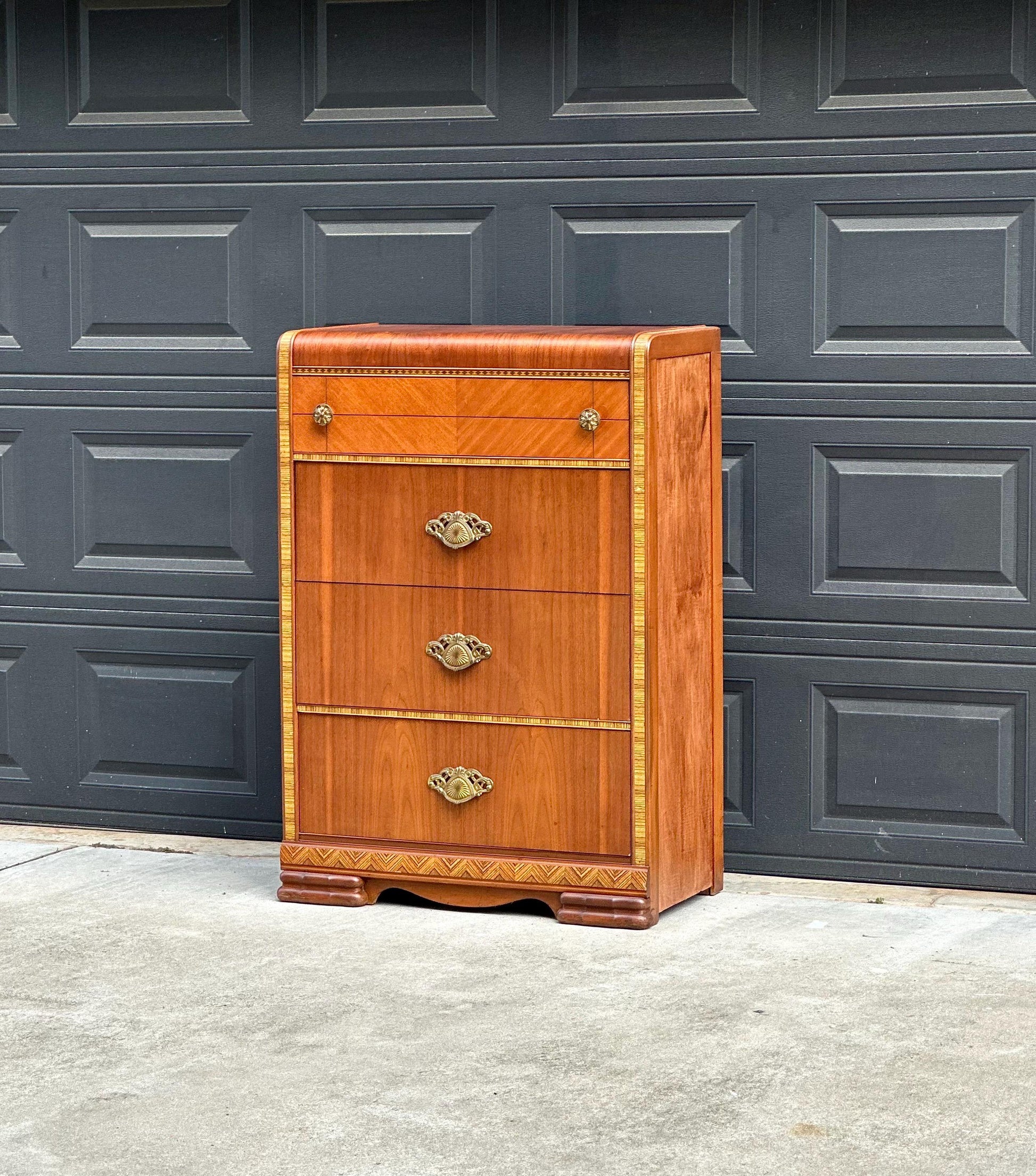 Vintage Late 1940s Art Deco Walnut & Maple Waterfall Accent Chest of Drawers 34" Wide