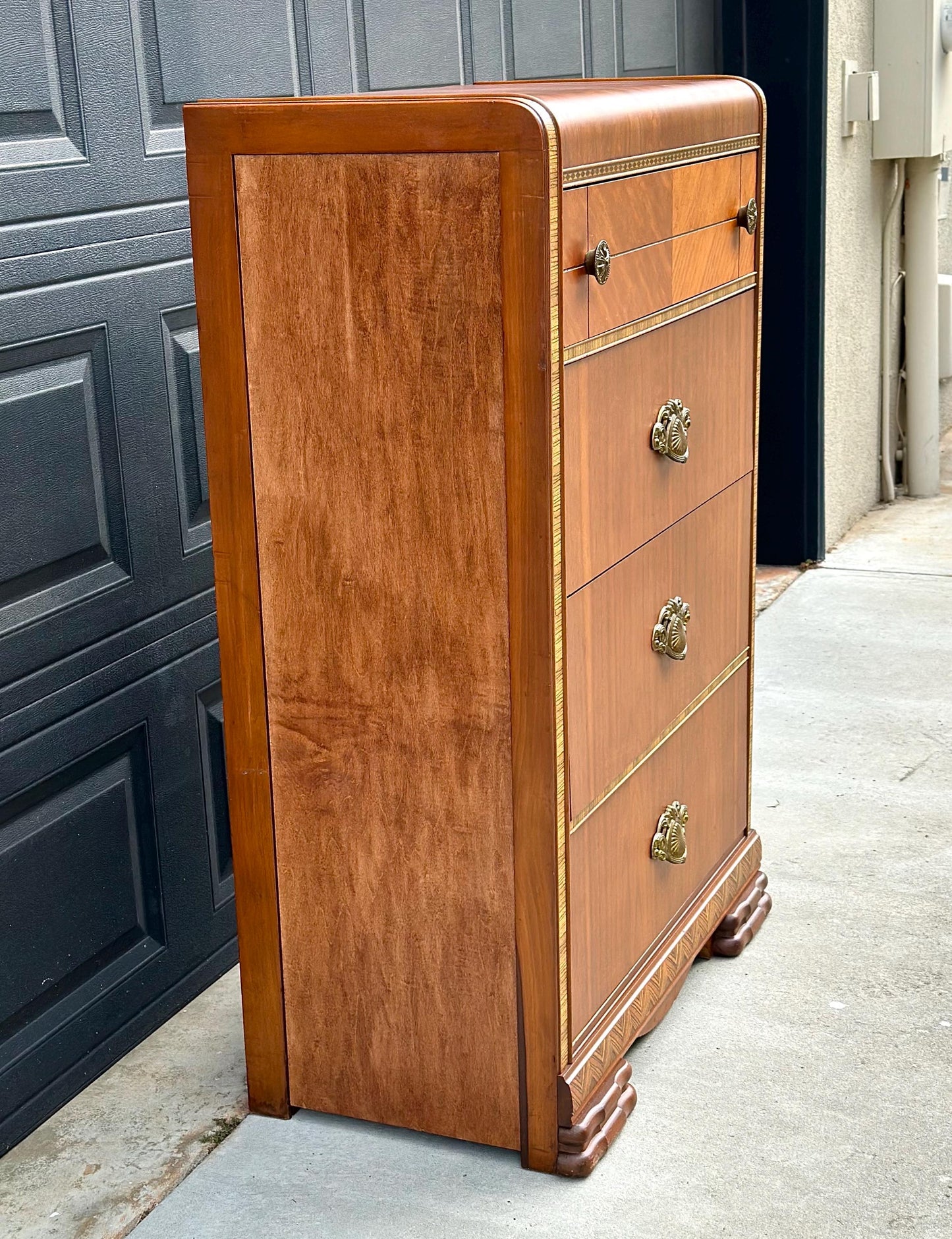 Vintage Late 1940s Art Deco Walnut & Maple Waterfall Accent Chest of Drawers 34" Wide
