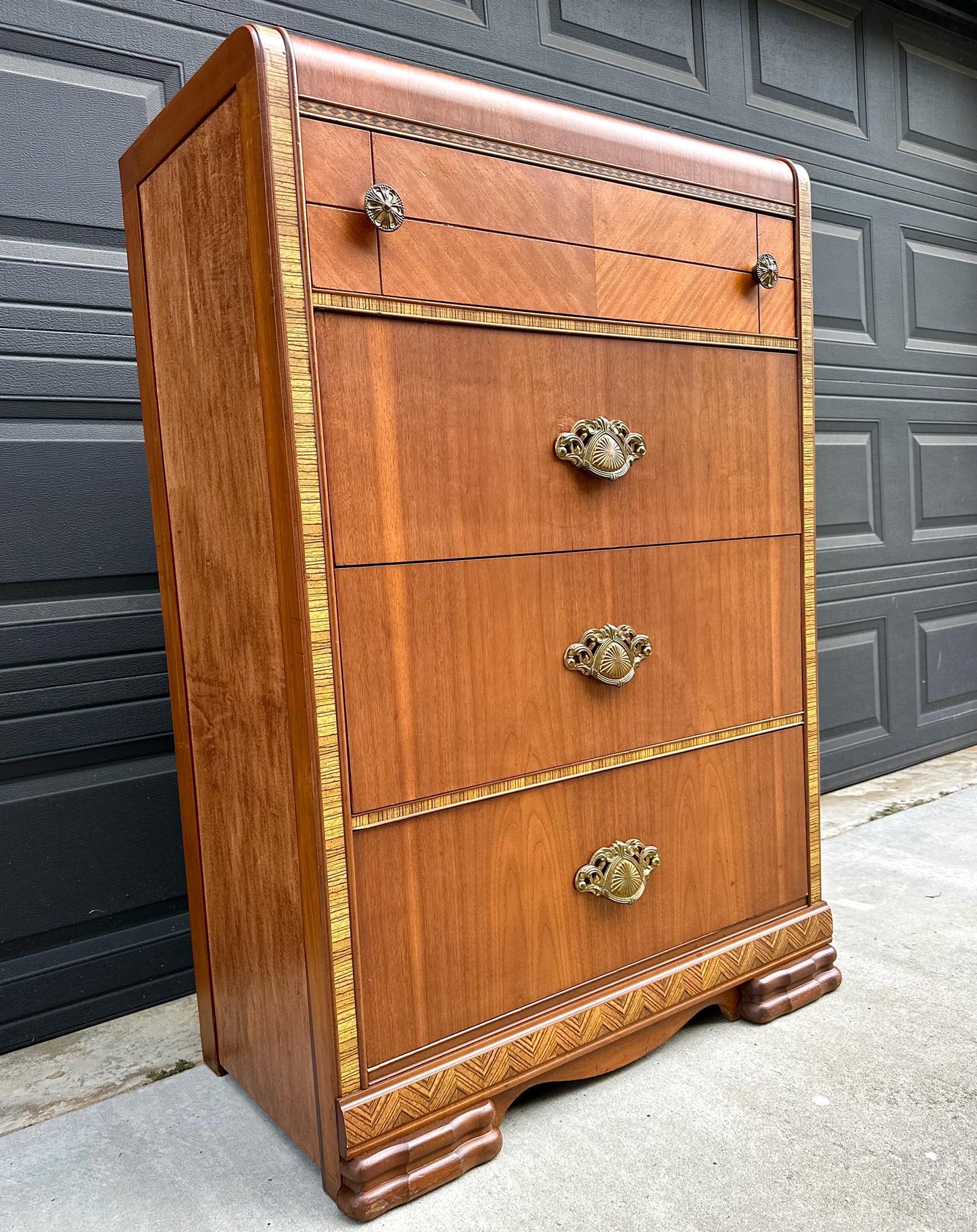 Vintage Late 1940s Art Deco Walnut & Maple Waterfall Accent Chest of Drawers 34" Wide