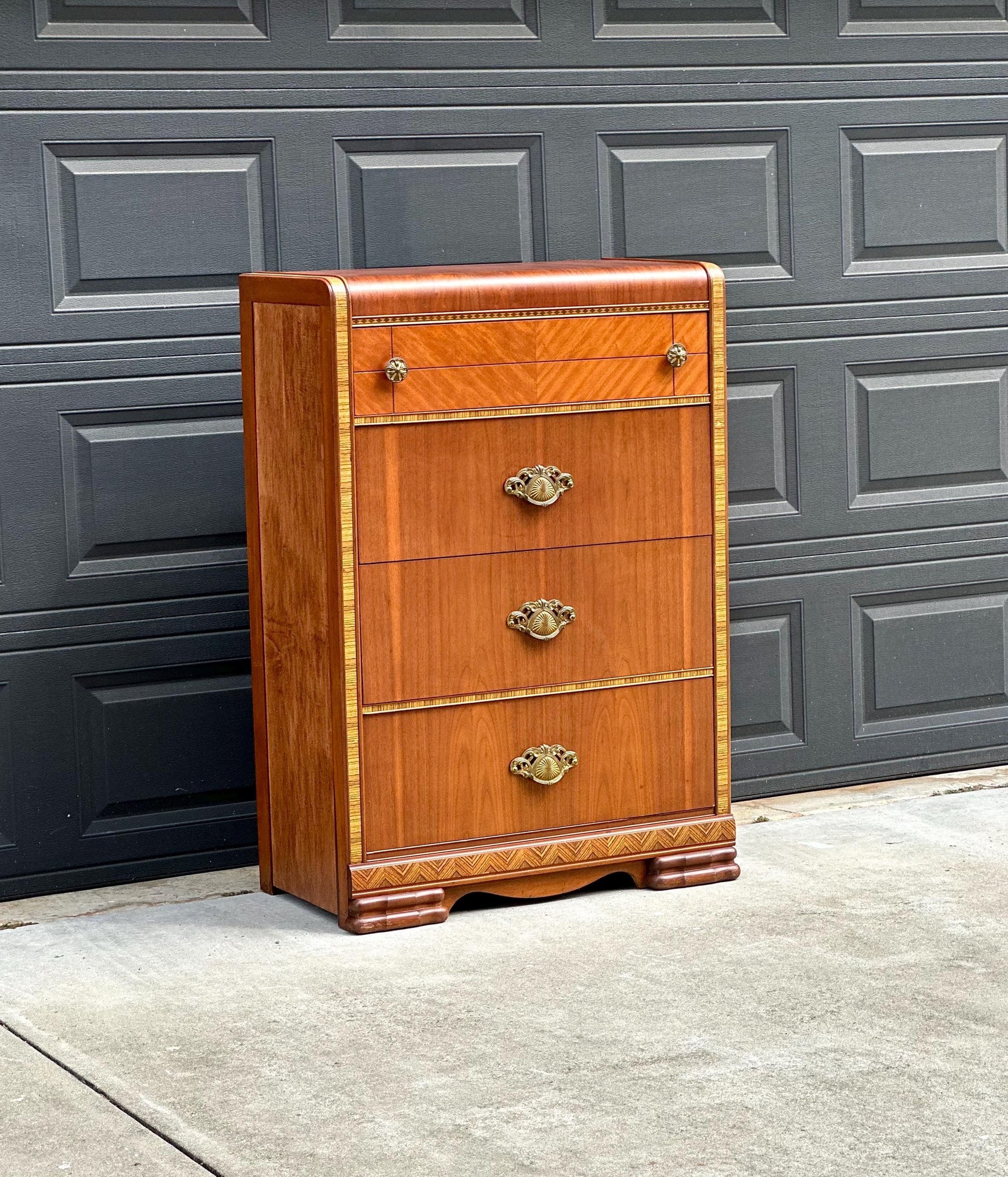 Vintage Late 1940s Art Deco Walnut & Maple Waterfall Accent Chest of Drawers 34" Wide