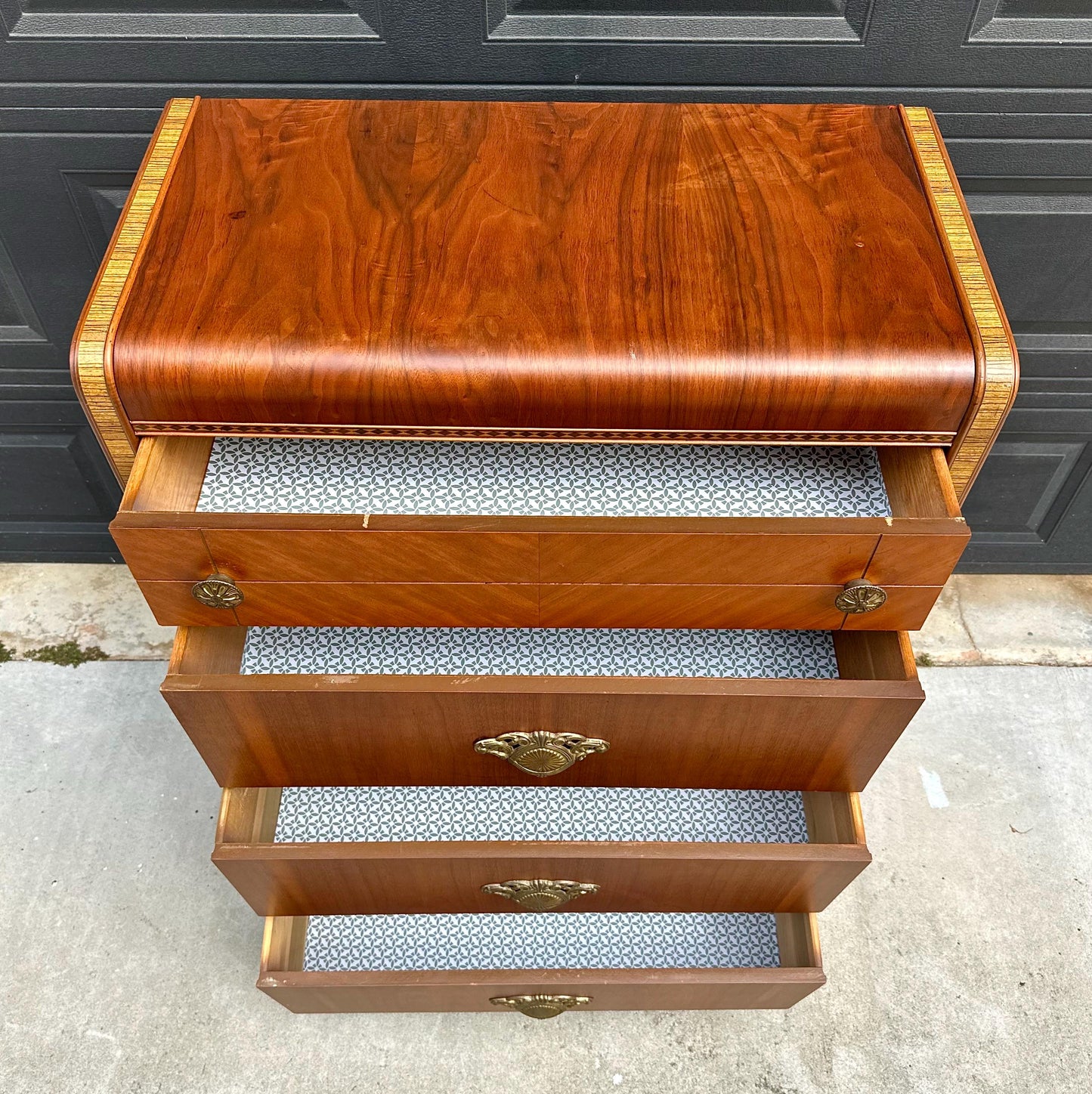 Vintage Late 1940s Art Deco Walnut & Maple Waterfall Accent Chest of Drawers 34" Wide