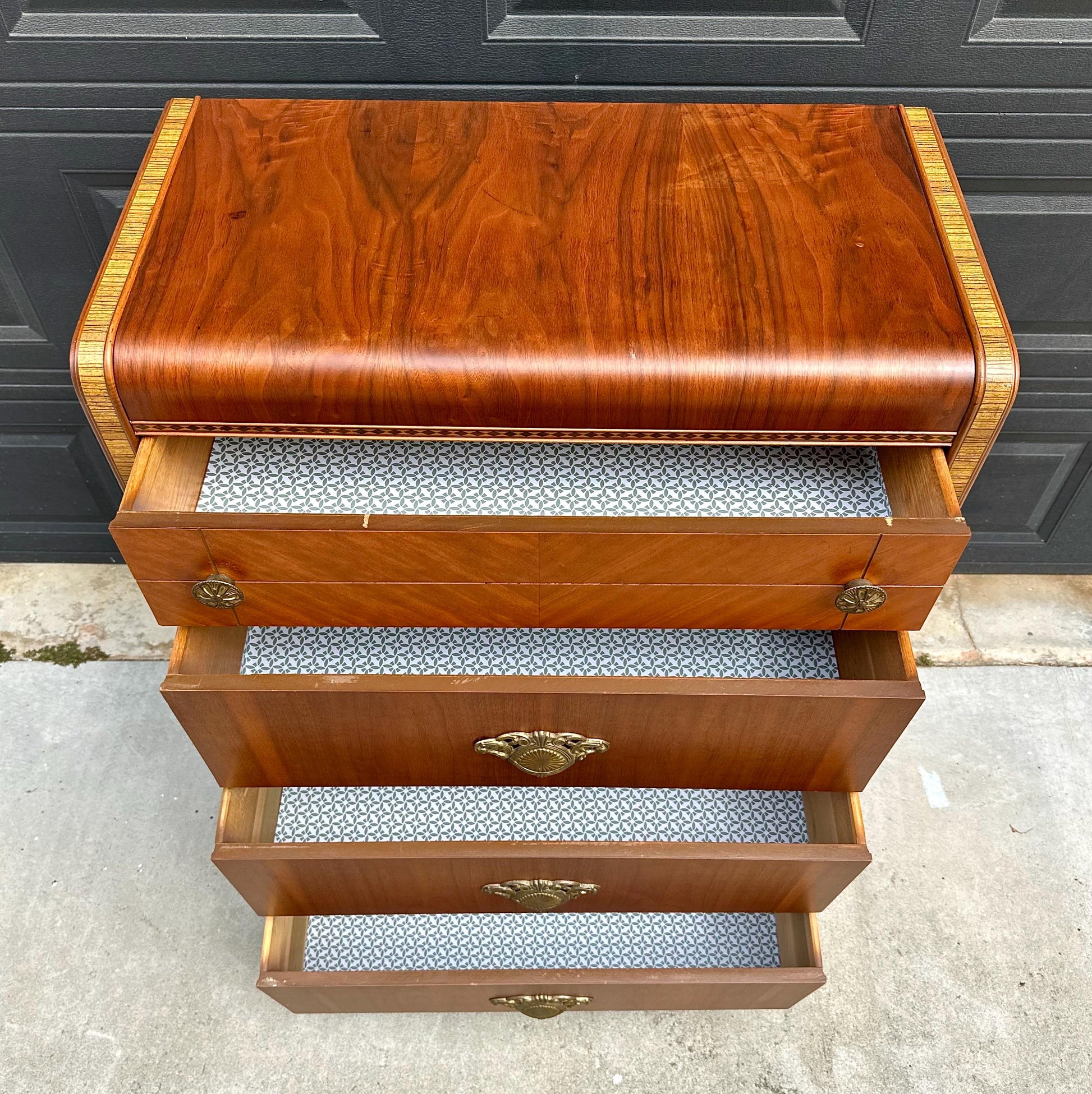 Vintage Late 1940s Art Deco Walnut & Maple Waterfall Accent Chest of Drawers 34" Wide