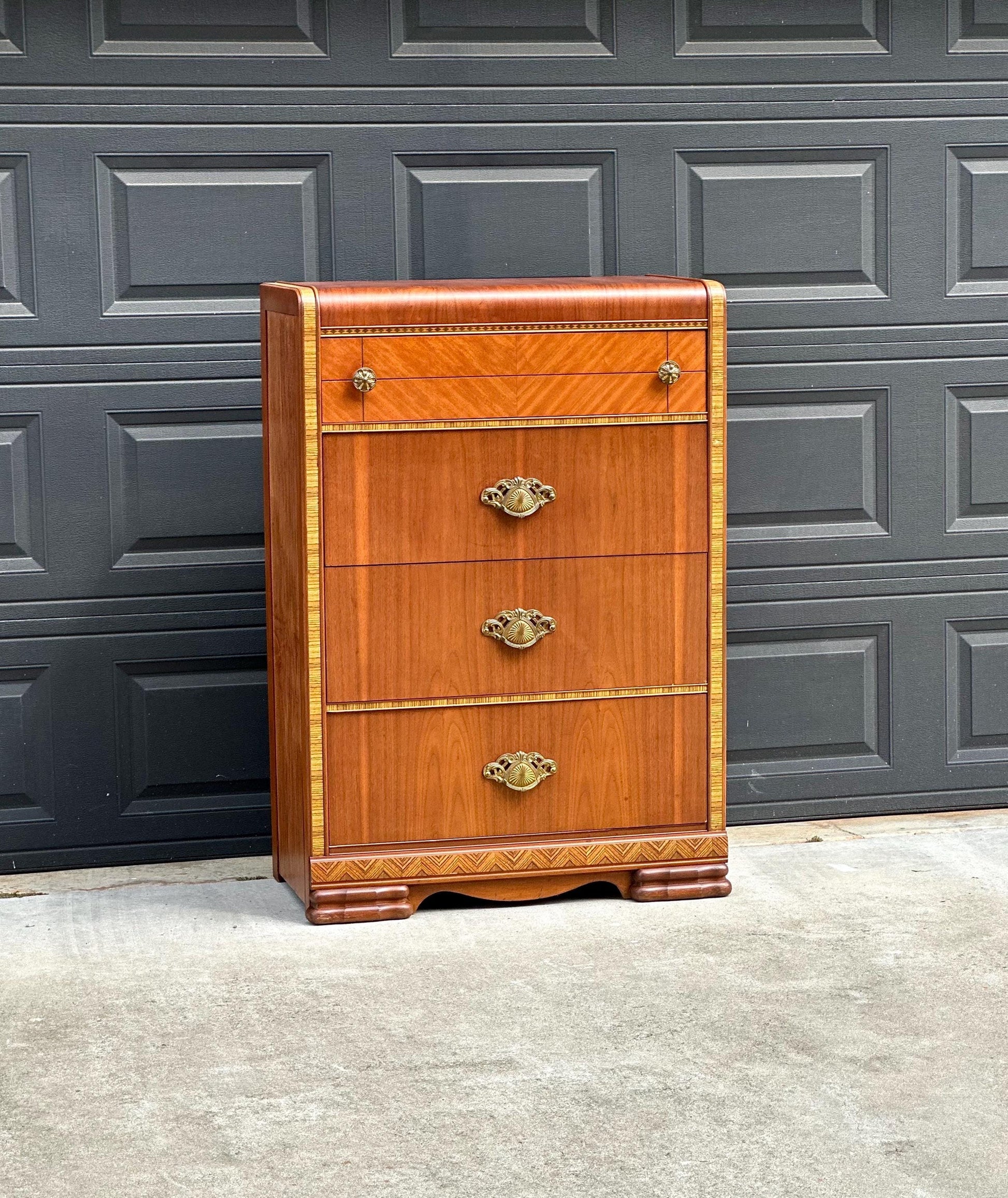 Vintage Late 1940s Art Deco Walnut & Maple Waterfall Accent Chest of Drawers 34" Wide