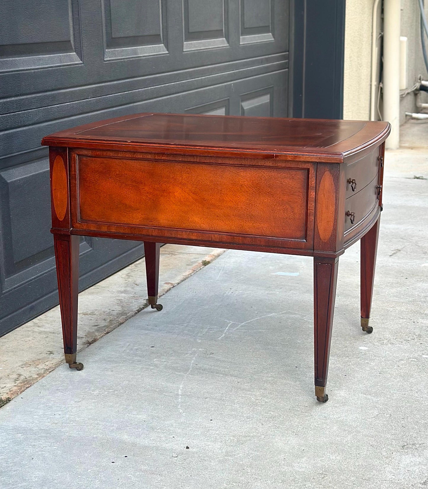 Vintage Mid 1900s Traditional Inlaid Mahogany End Table on Casters 22" Wide