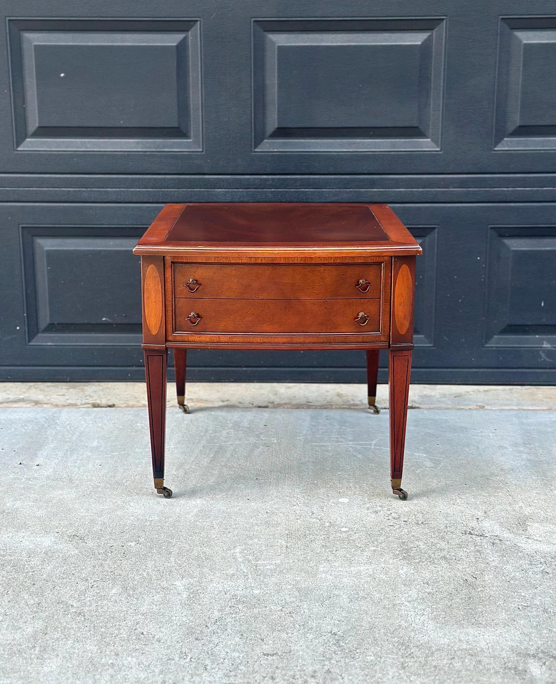 Vintage Mid 1900s Traditional Inlaid Mahogany End Table on Casters 22" Wide