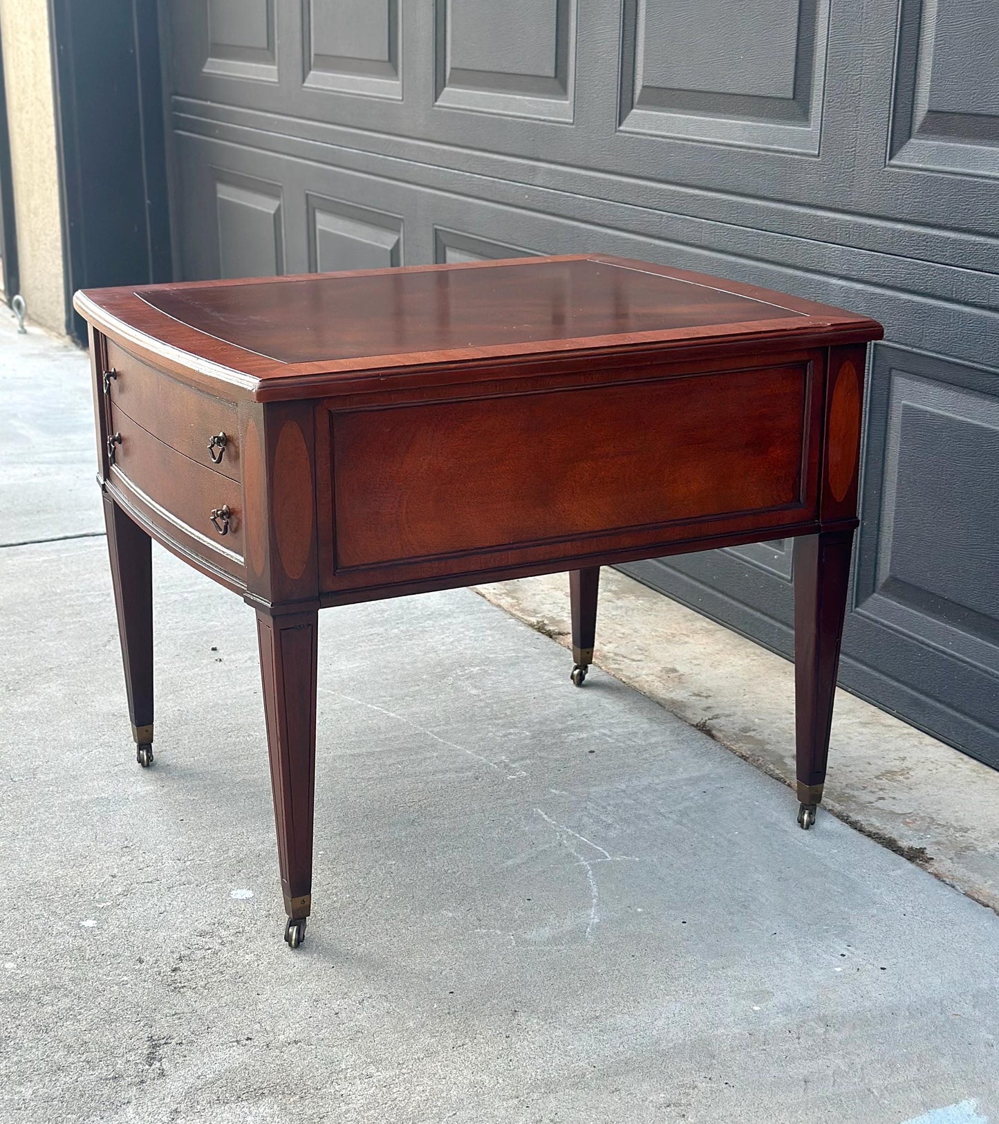 Vintage Mid 1900s Traditional Inlaid Mahogany End Table on Casters 22" Wide