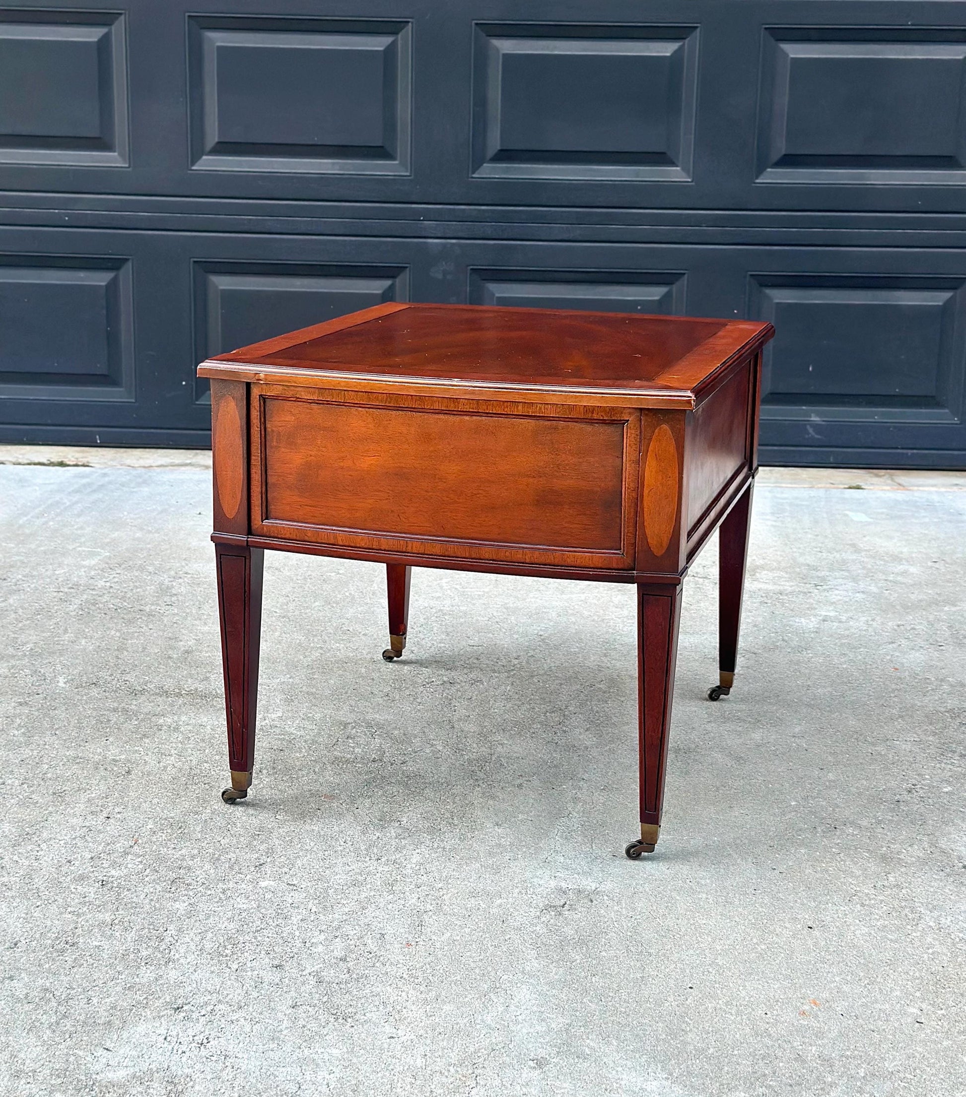 Vintage Mid 1900s Traditional Inlaid Mahogany End Table on Casters 22" Wide
