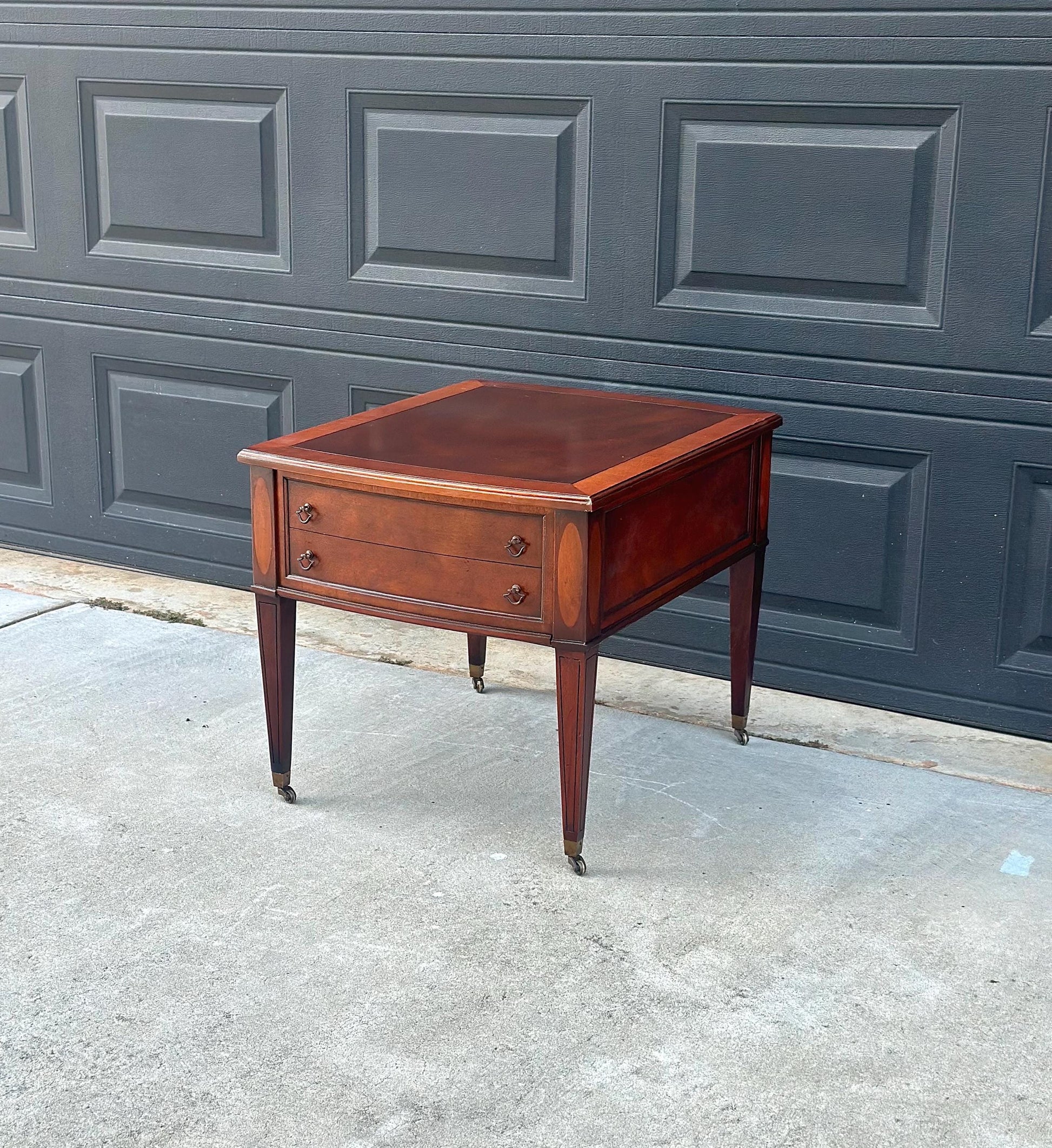 Vintage Mid 1900s Traditional Inlaid Mahogany End Table on Casters 22" Wide