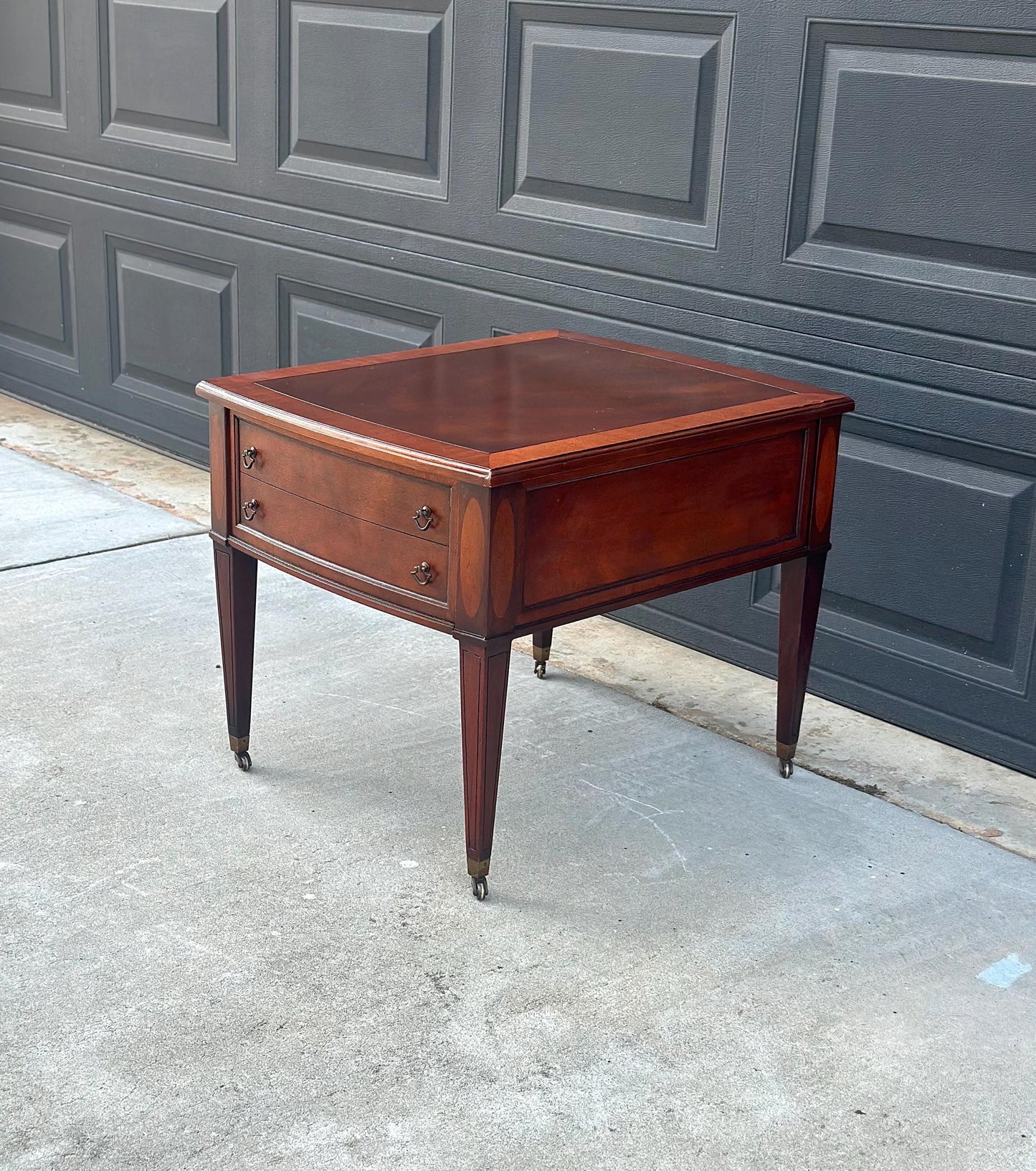 Vintage Mid 1900s Traditional Inlaid Mahogany End Table on Casters 22" Wide