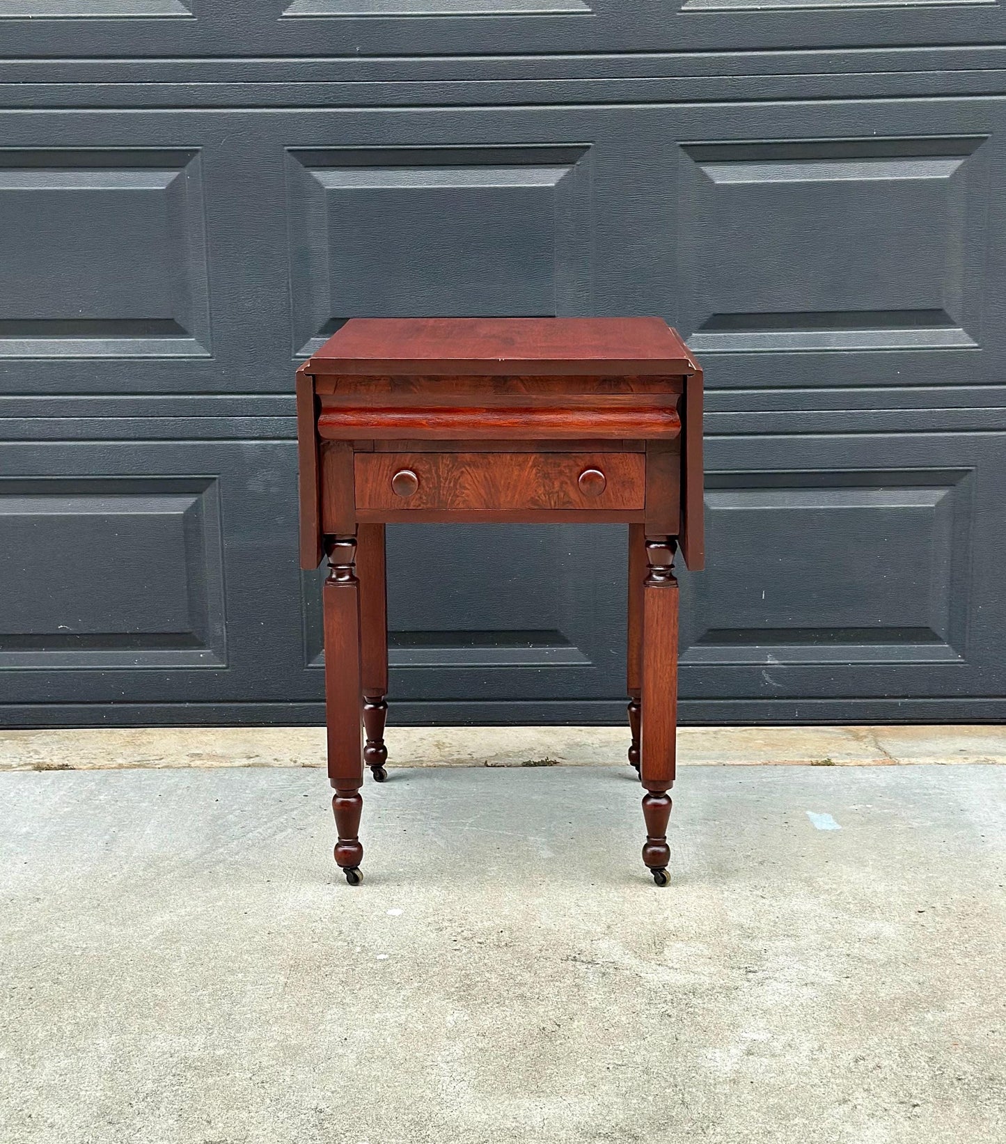 Antique Early 19th C Georgian Mahogany Secret Drawer Drop Leaf Table on Casters 20" Wide
