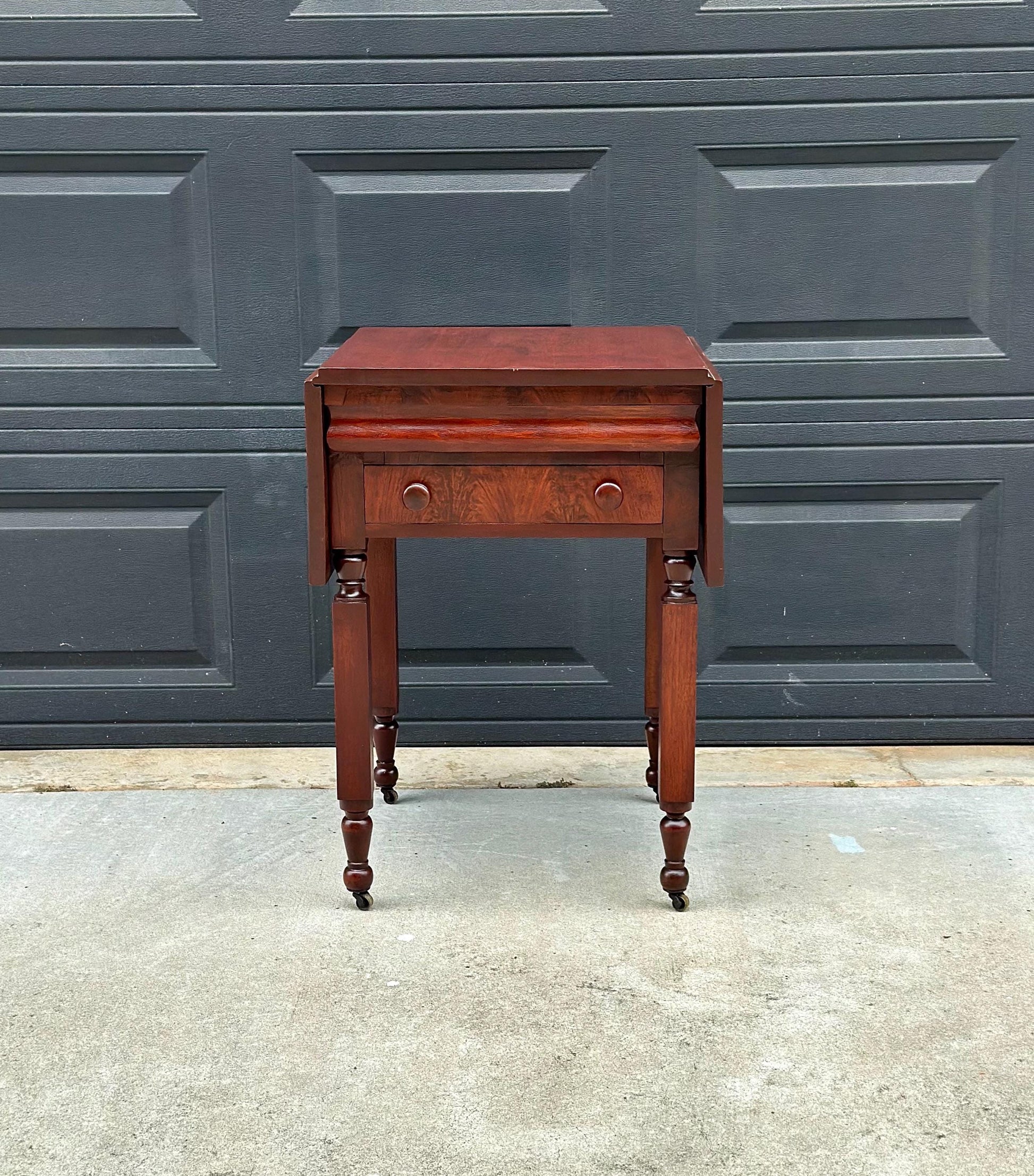Antique Early 19th C Georgian Mahogany Secret Drawer Drop Leaf Table on Casters 20" Wide