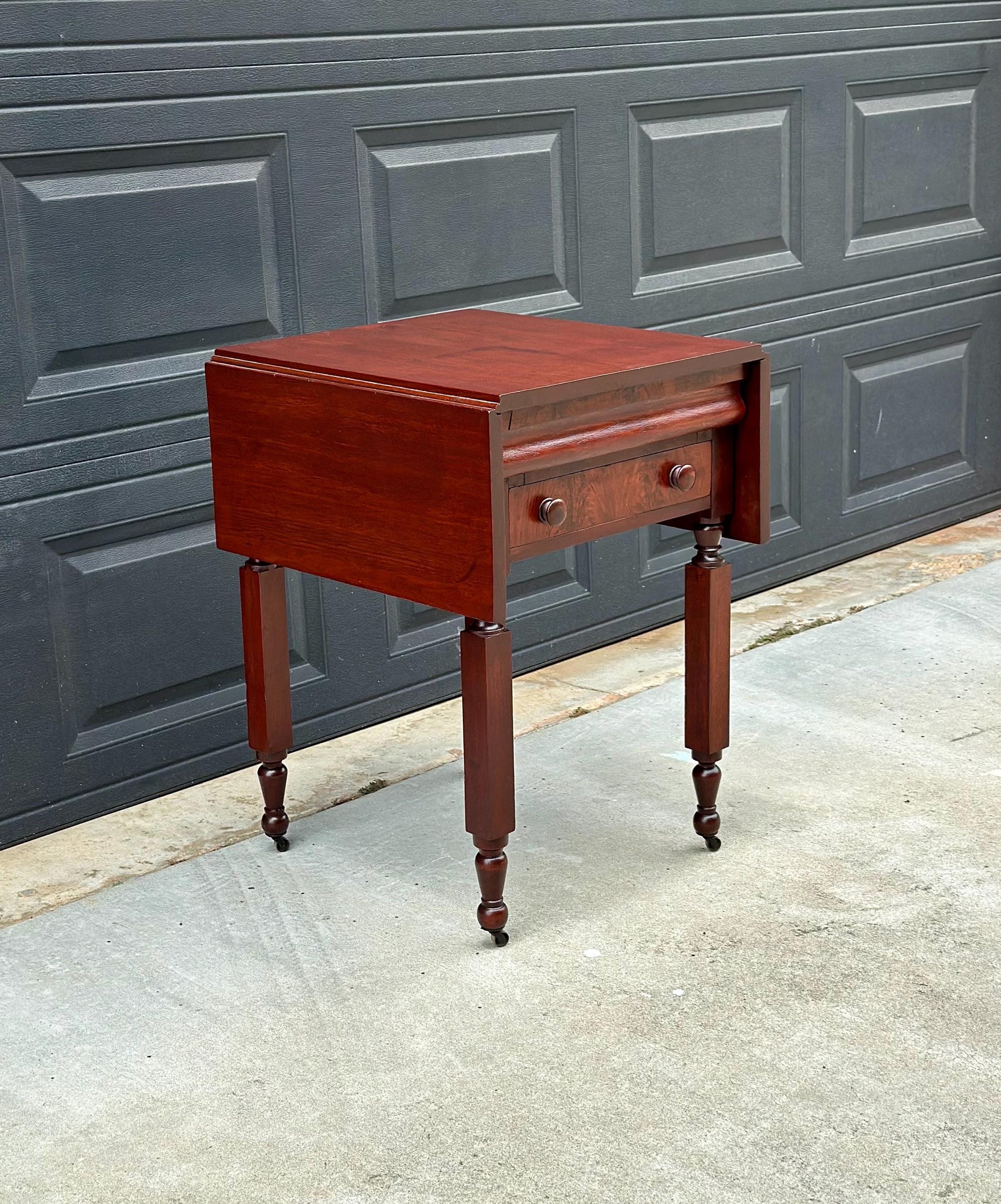 Antique Early 19th C Georgian Mahogany Secret Drawer Drop Leaf Table on Casters 20" Wide