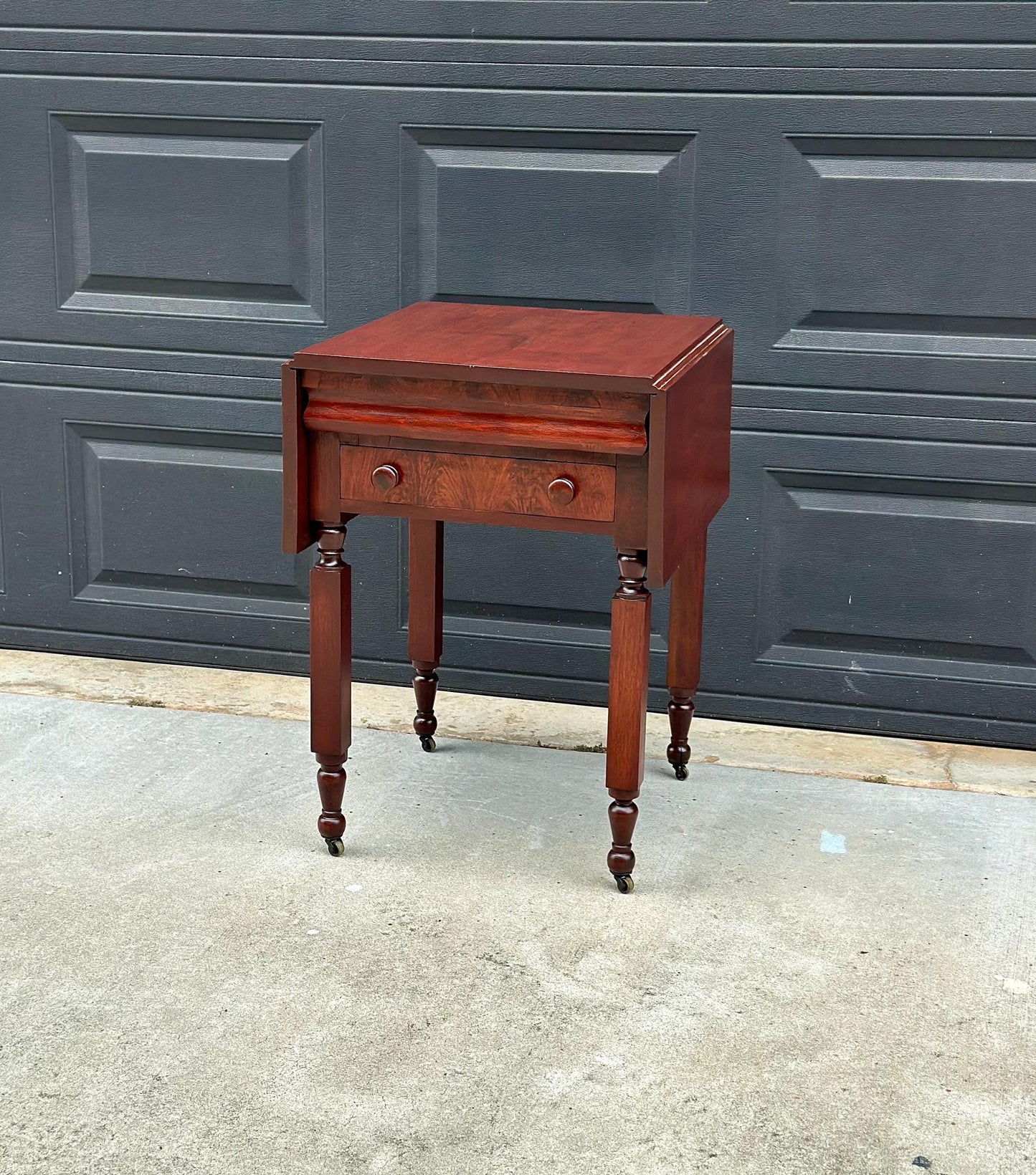Antique Early 19th C Georgian Mahogany Secret Drawer Drop Leaf Table on Casters 20" Wide
