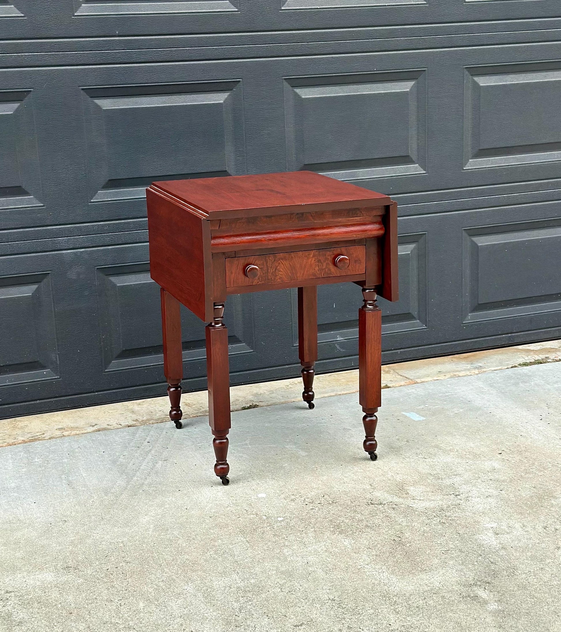 Antique Early 19th C Georgian Mahogany Secret Drawer Drop Leaf Table on Casters 20" Wide
