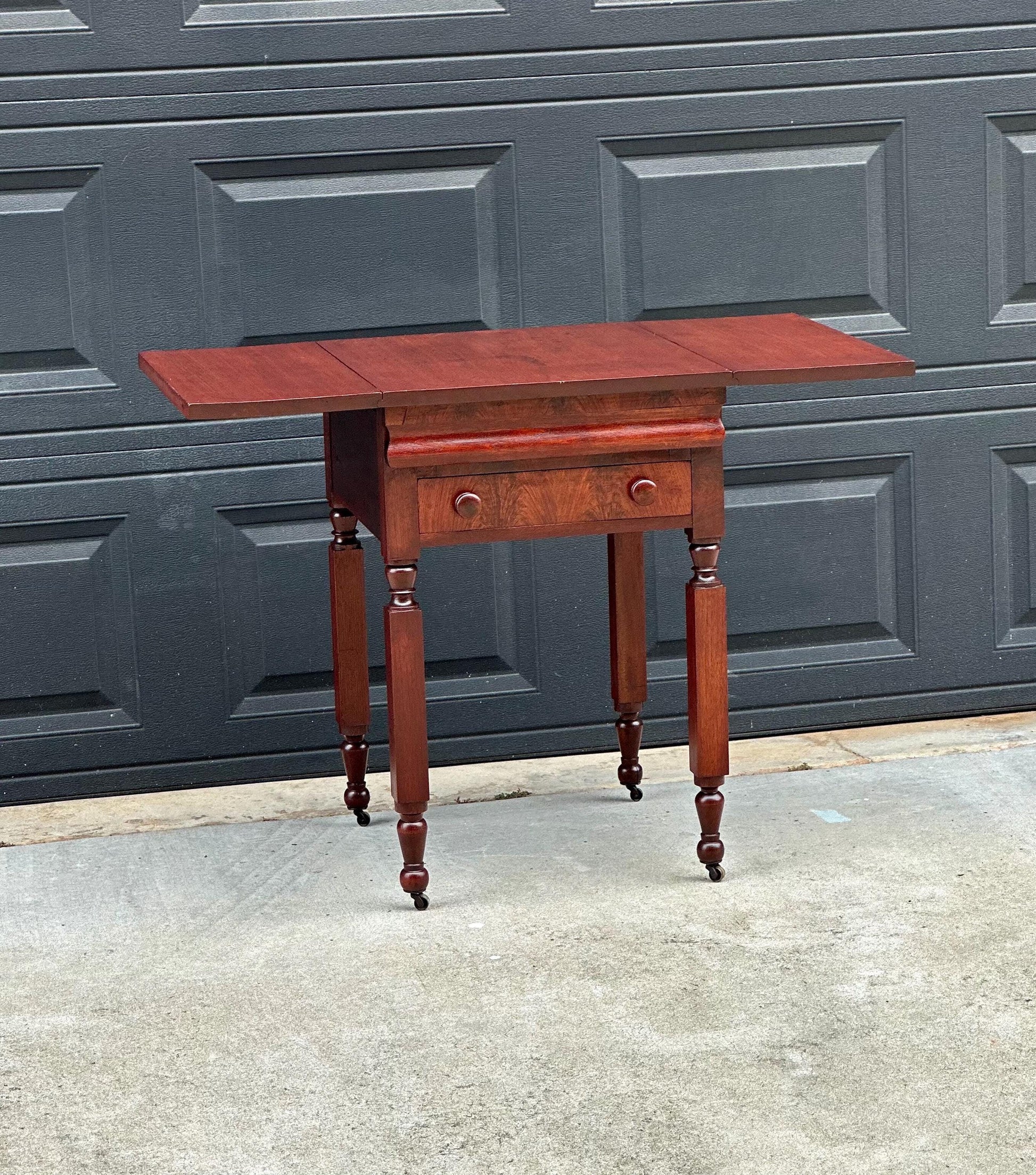 Antique Early 19th C Georgian Mahogany Secret Drawer Drop Leaf Table on Casters 20" Wide