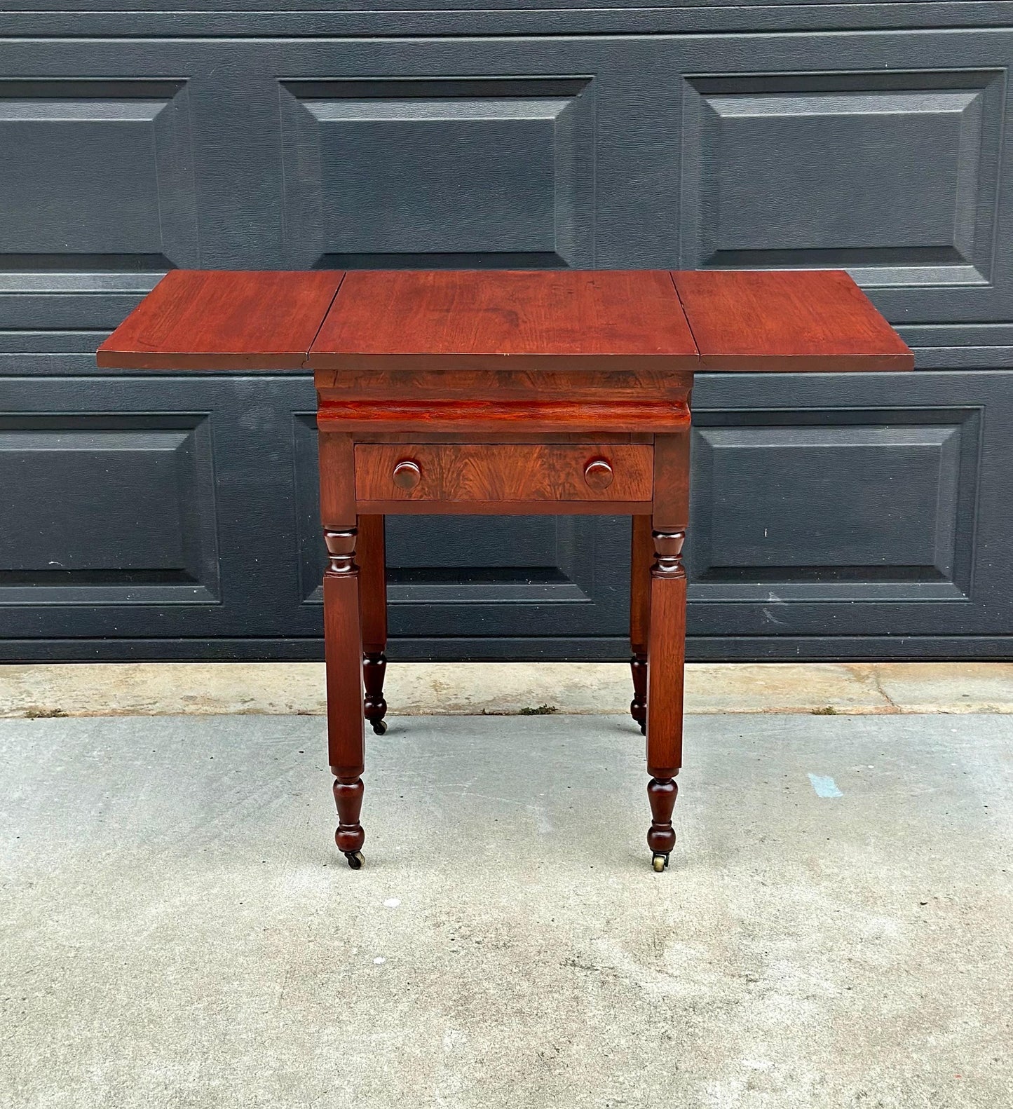 Antique Early 19th C Georgian Mahogany Secret Drawer Drop Leaf Table on Casters 20" Wide