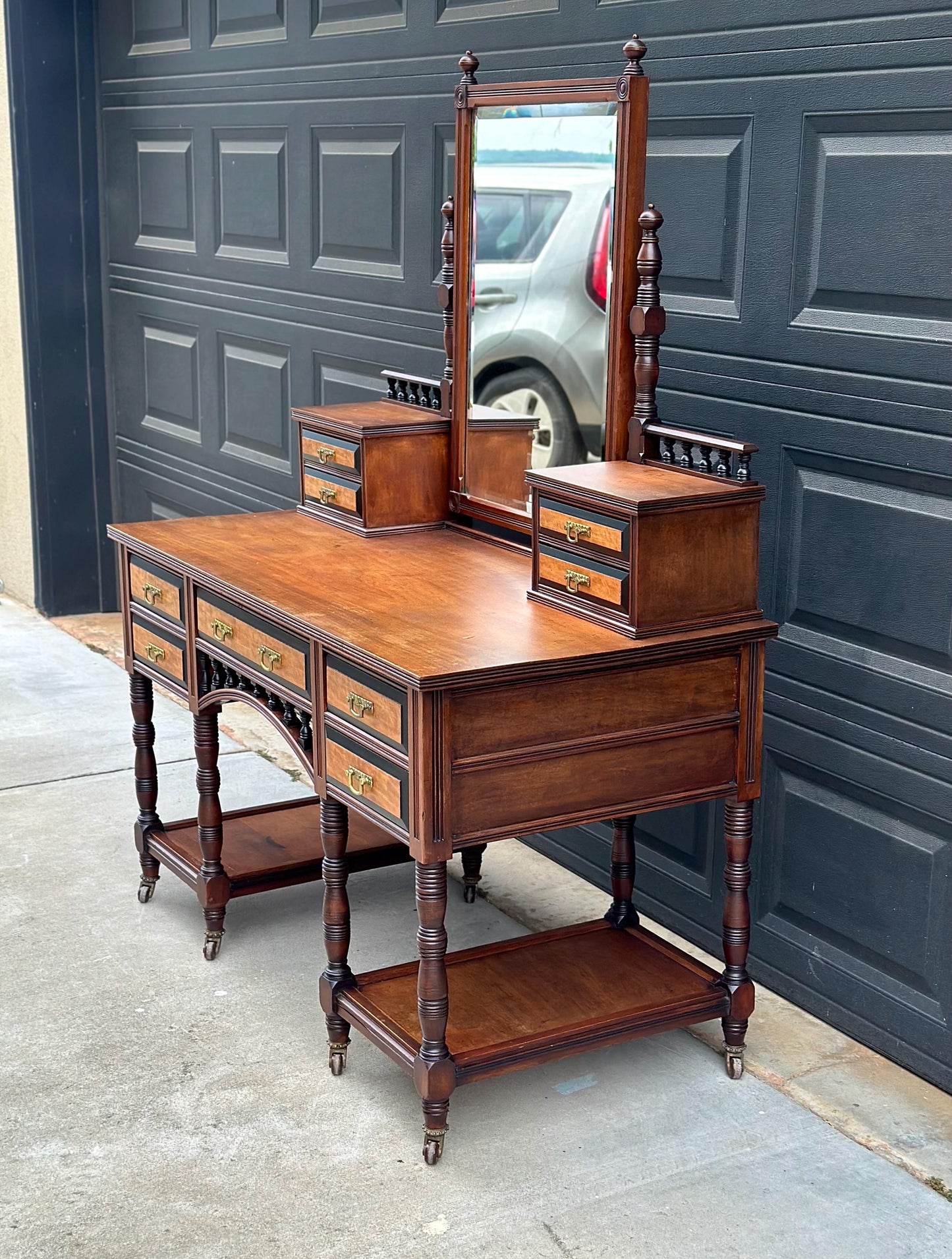Antique Late 19th Century English Craftsman Nine Drawer Swing Mirror Walnut Accent Table on Casters by J.B. Richards, London