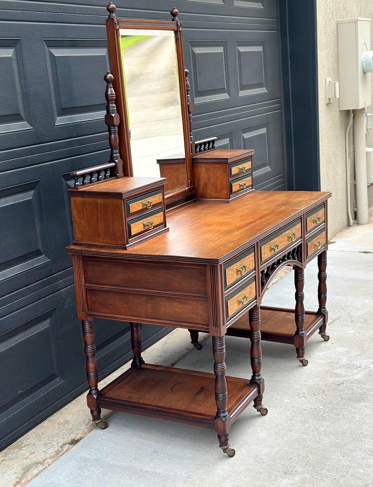 Antique Late 19th Century English Craftsman Nine Drawer Swing Mirror Walnut Accent Table on Casters by J.B. Richards, London