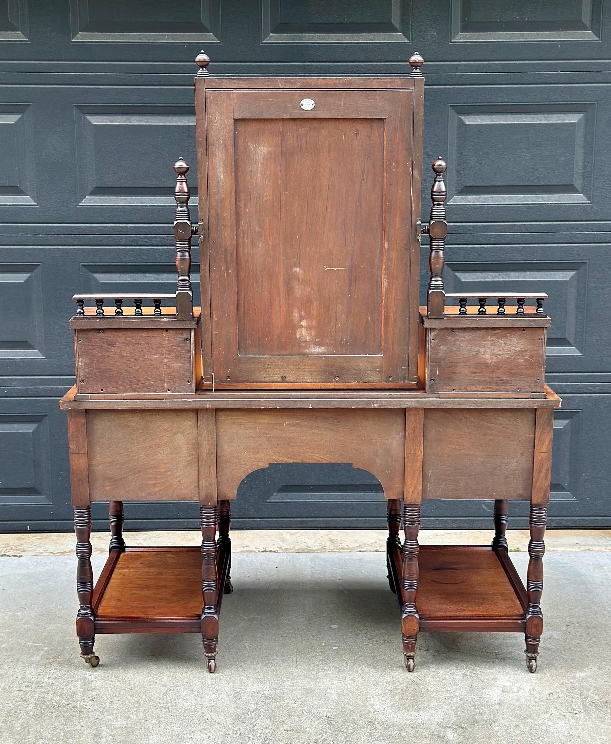 Antique Late 19th Century English Craftsman Nine Drawer Swing Mirror Walnut Accent Table on Casters by J.B. Richards, London