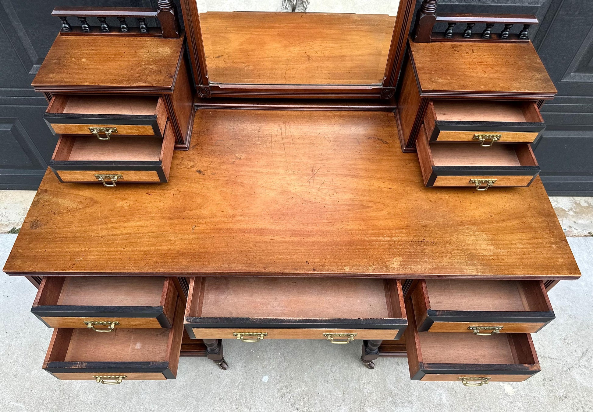 Antique Late 19th Century English Craftsman Nine Drawer Swing Mirror Walnut Accent Table on Casters by J.B. Richards, London