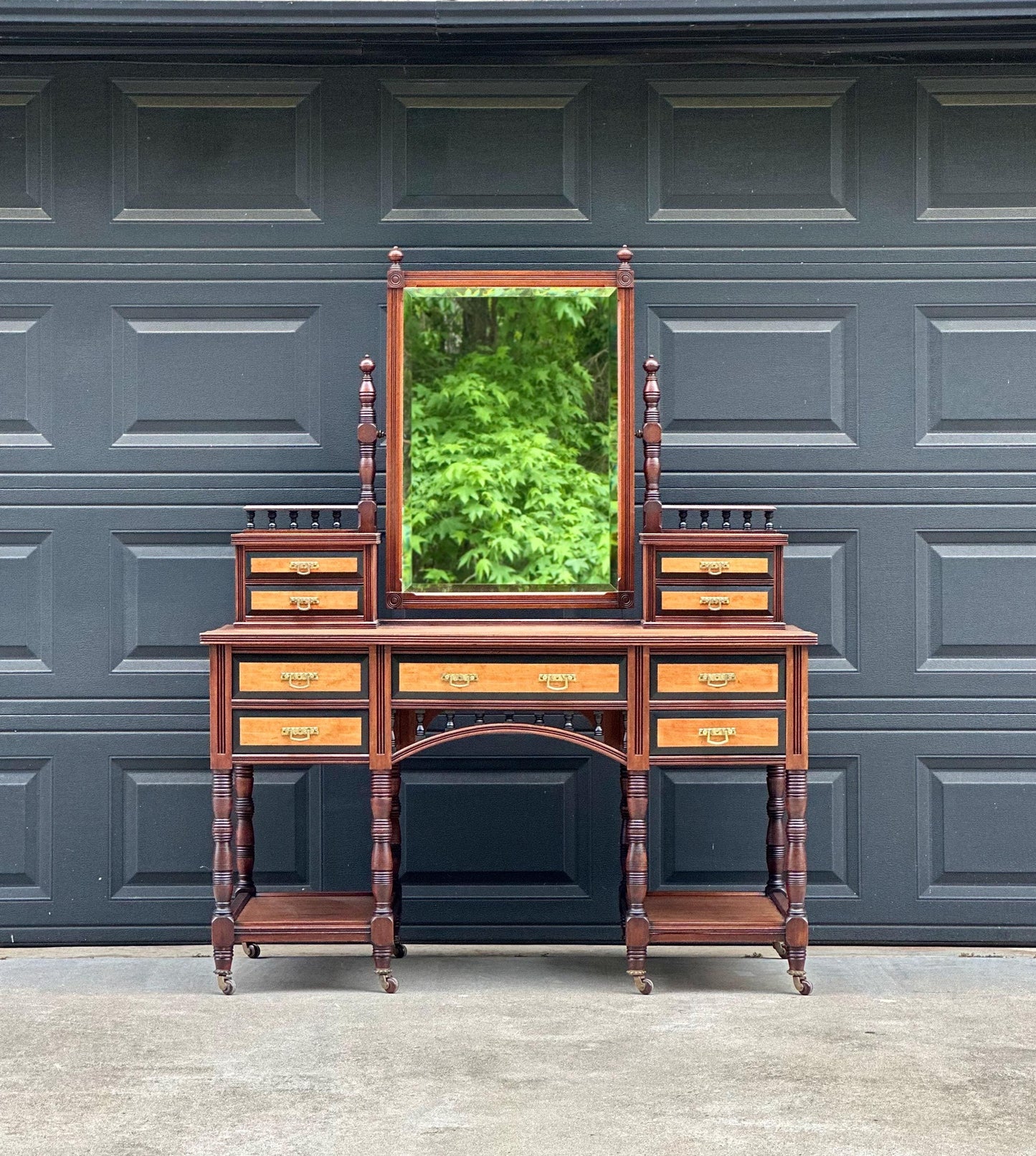 Antique Late 19th Century English Craftsman Nine Drawer Swing Mirror Walnut Accent Table on Casters by J.B. Richards, London