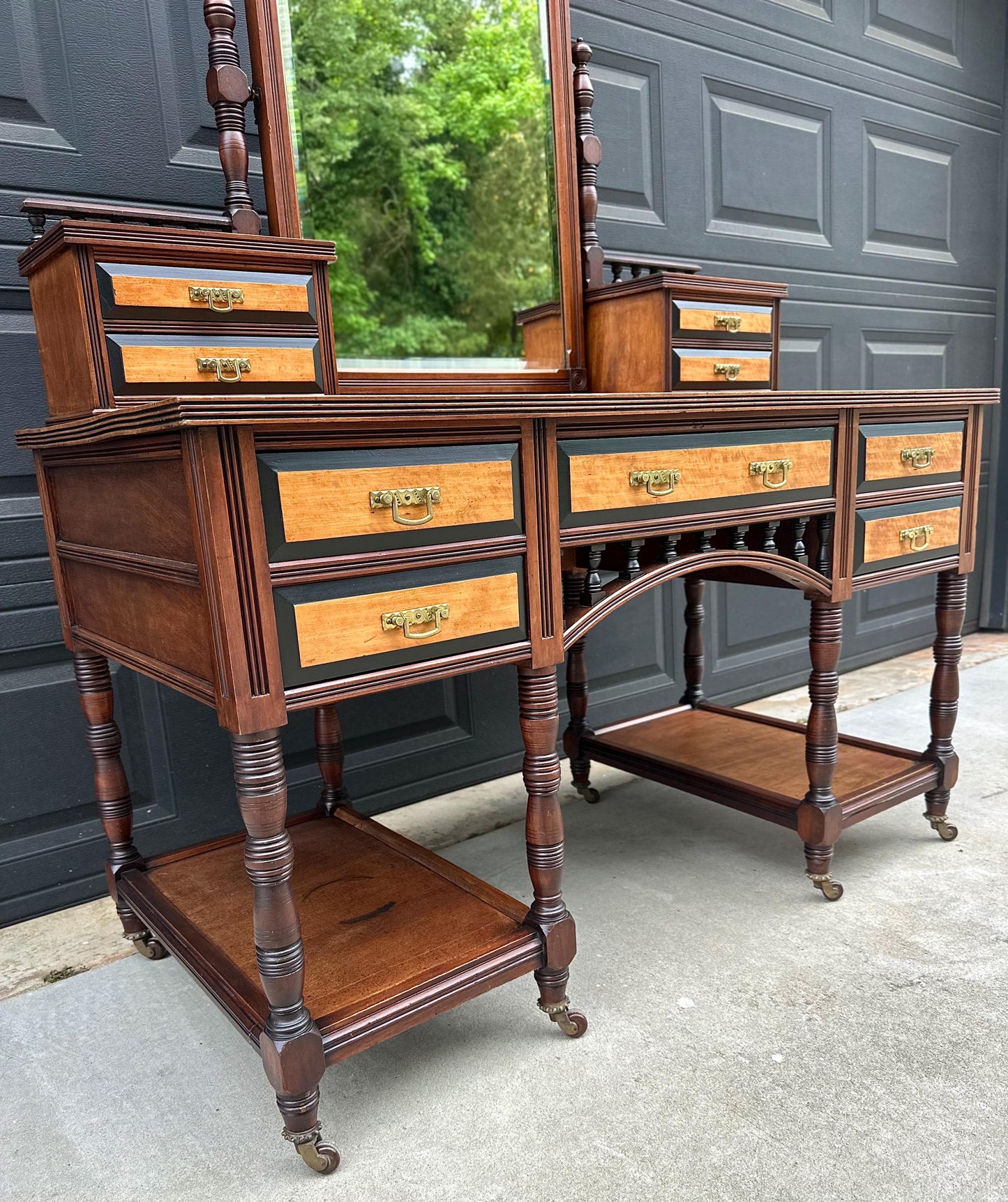 Antique Late 19th Century English Craftsman Nine Drawer Swing Mirror Walnut Accent Table on Casters by J.B. Richards, London