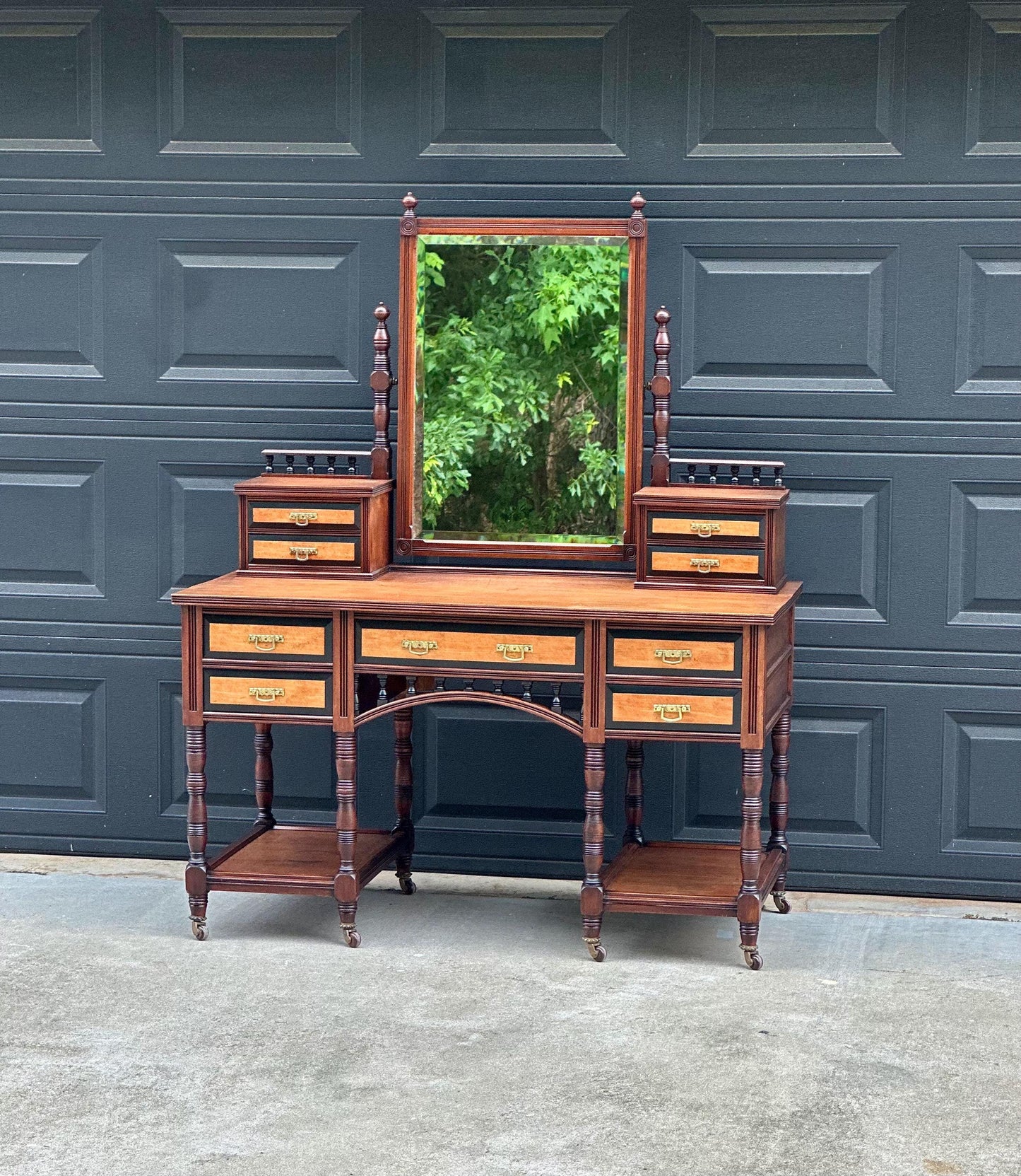 Antique Late 19th Century English Craftsman Nine Drawer Swing Mirror Walnut Accent Table on Casters by J.B. Richards, London