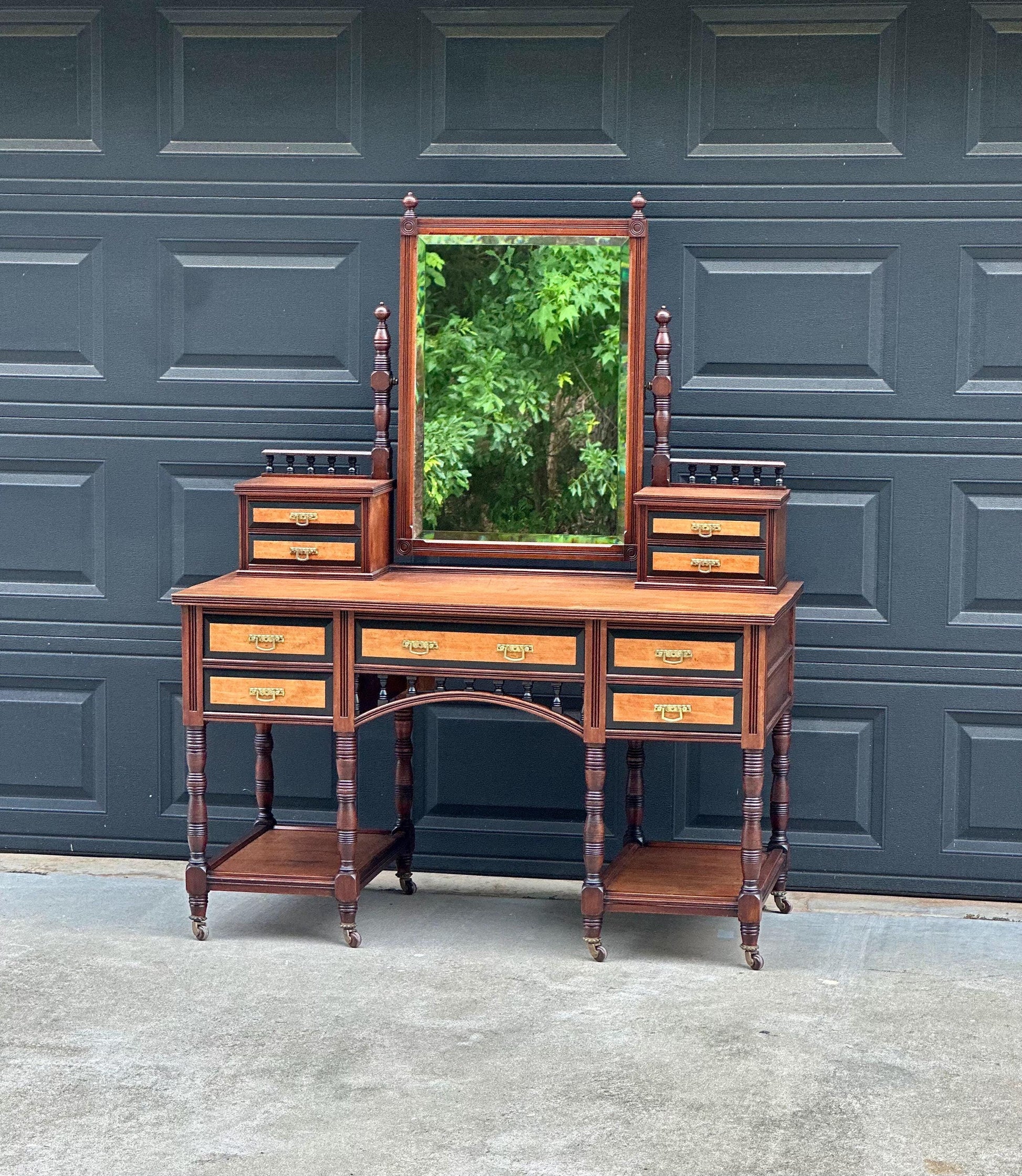 Antique Late 19th Century English Craftsman Nine Drawer Swing Mirror Walnut Accent Table on Casters by J.B. Richards, London